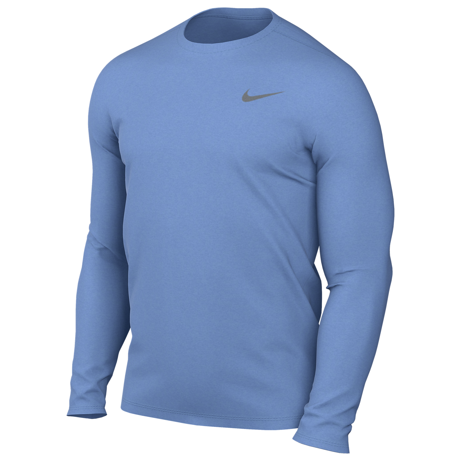 A light blue long-sleeved Nike performance crew-neck shirt with a small grey swoosh on the left chest.