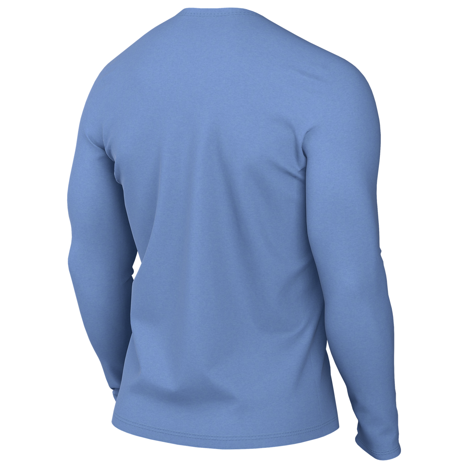 Back view of a plain light blue long-sleeved crew-neck t-shirt.