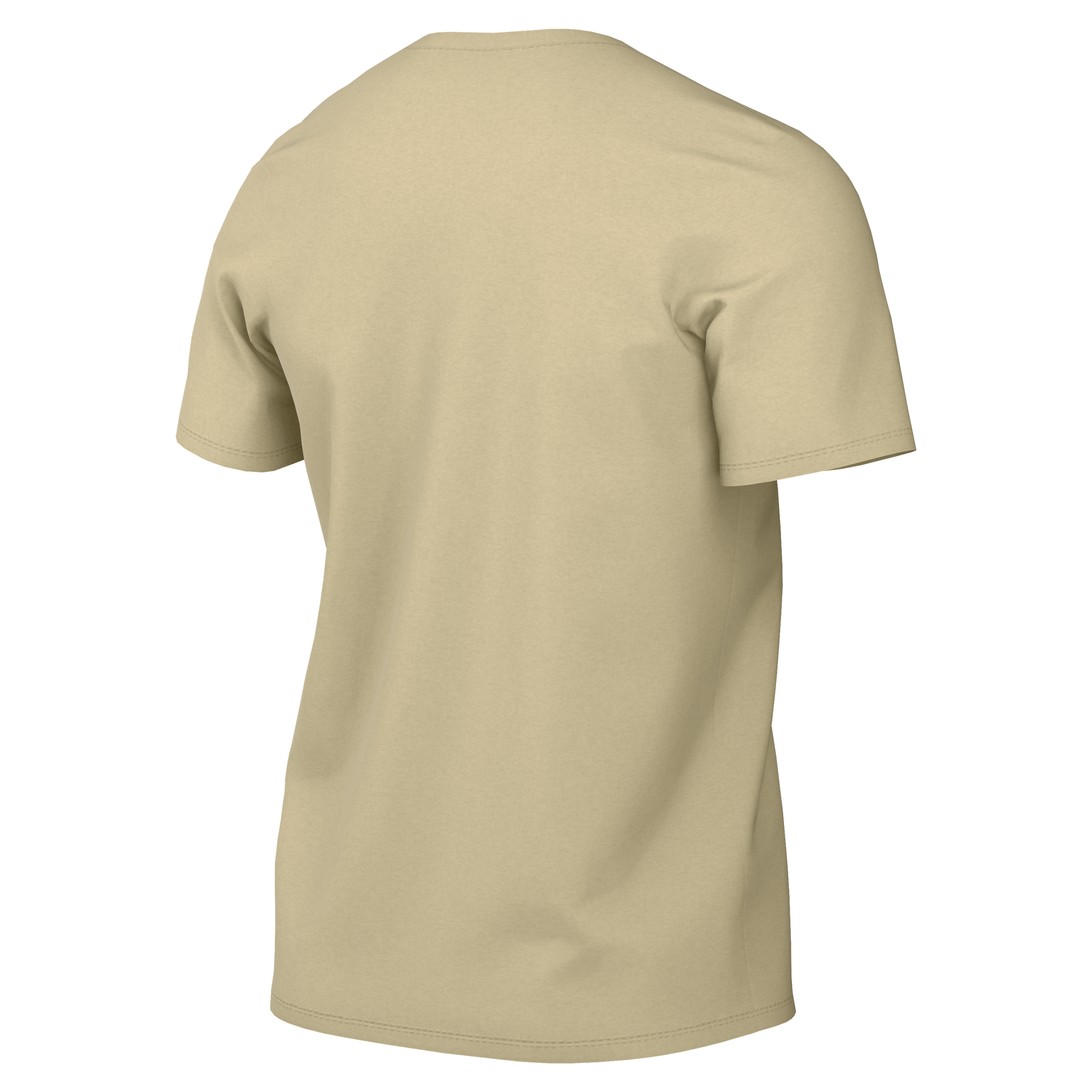 Back view of a short-sleeved, crew-neck beige t-shirt on a black background.