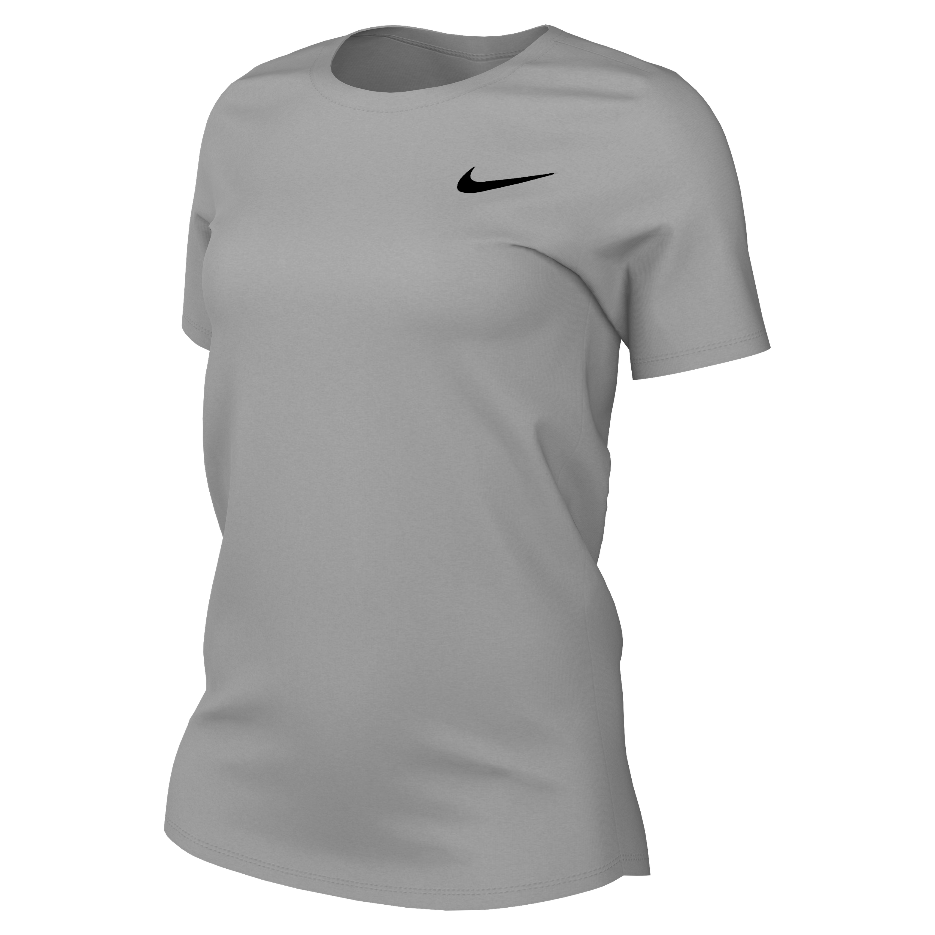 Light gray Nike short-sleeve crew neck t-shirt with a black swoosh logo on the chest. Shown from a three-quarter angle against a black background.