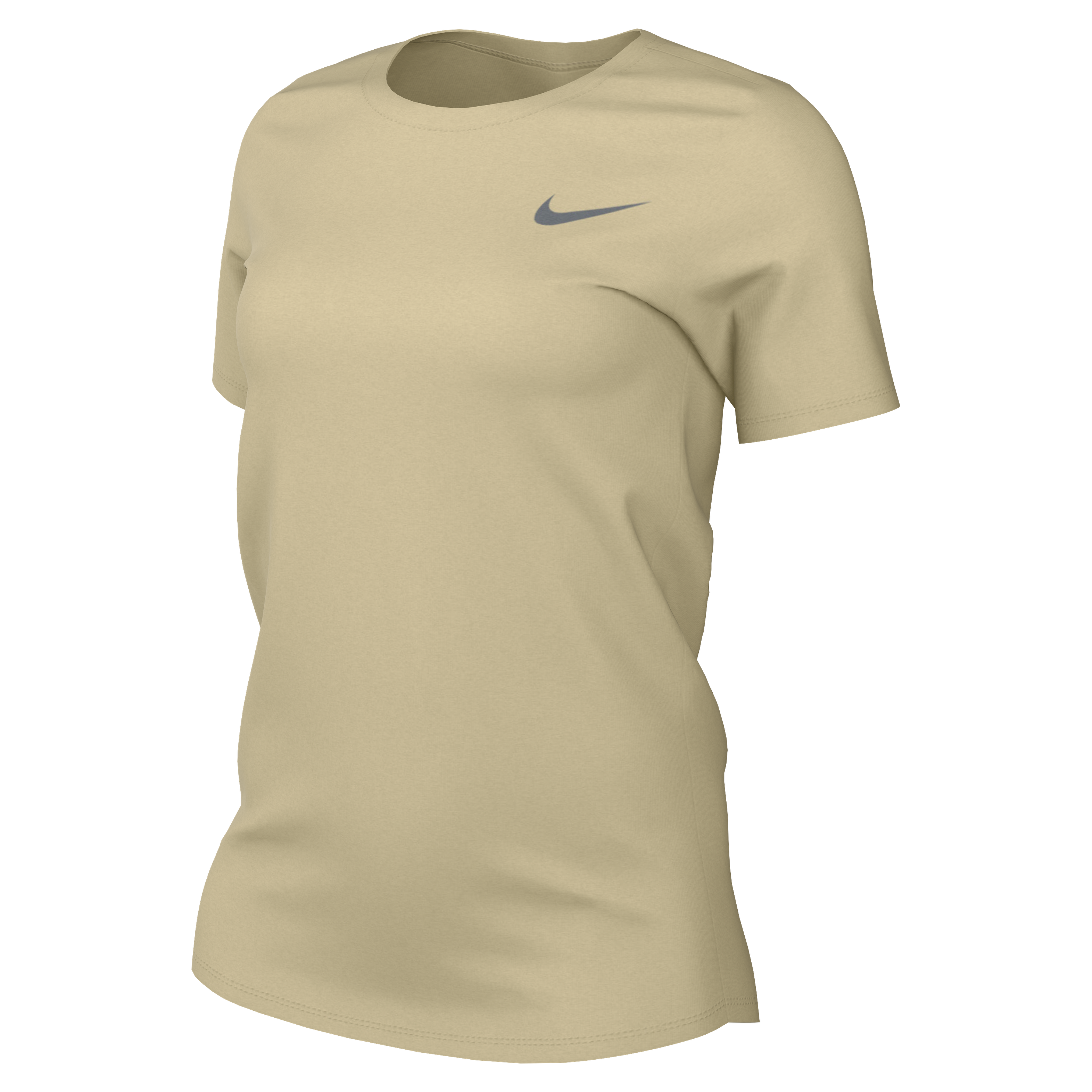 A light beige Nike crew neck t-shirt with short sleeves and a grey swoosh logo on the chest, isolated on a black background.