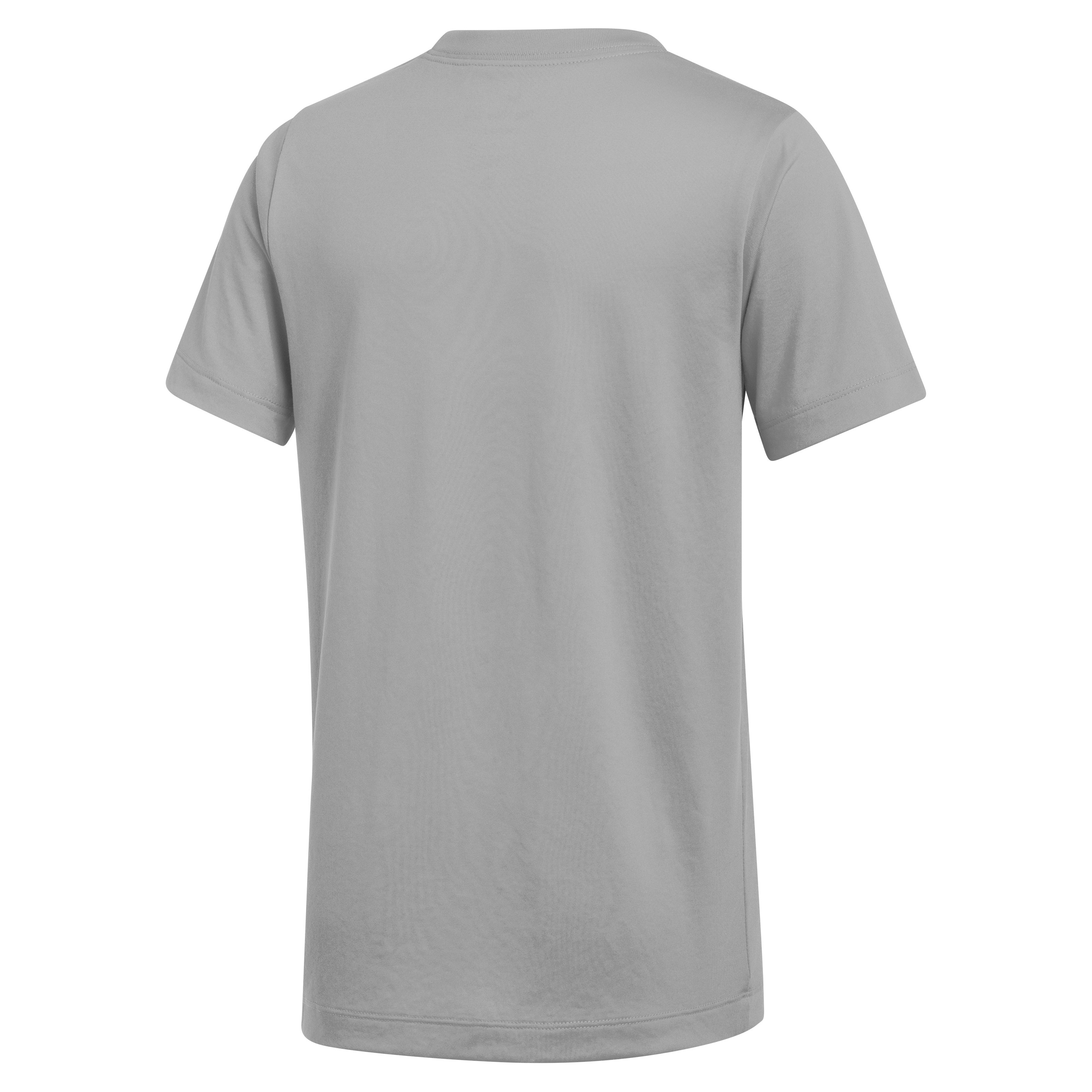 The back view of a plain light grey short-sleeved t-shirt with a crew neck.