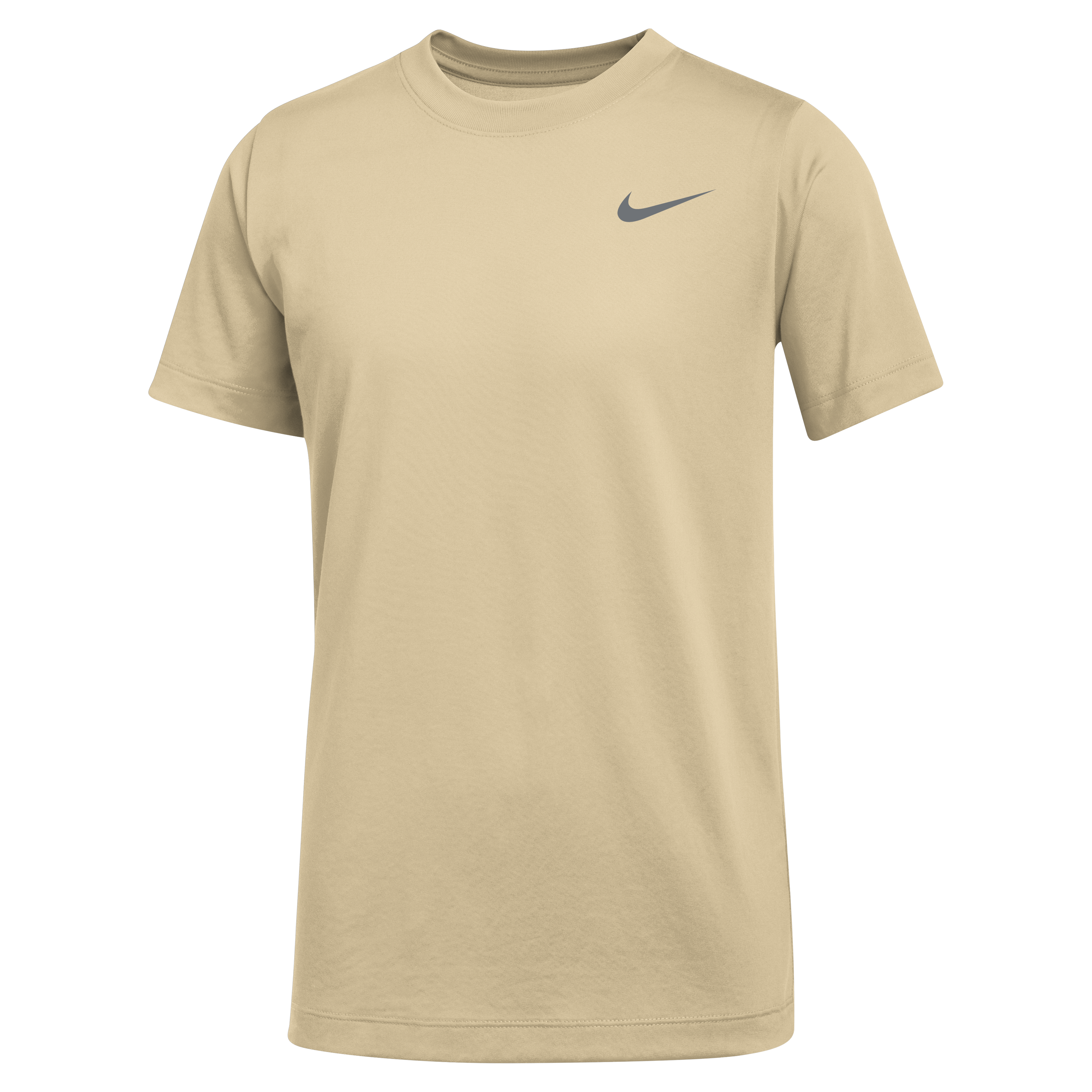 A short-sleeved beige Nike t-shirt with a small grey swoosh logo on the left chest.