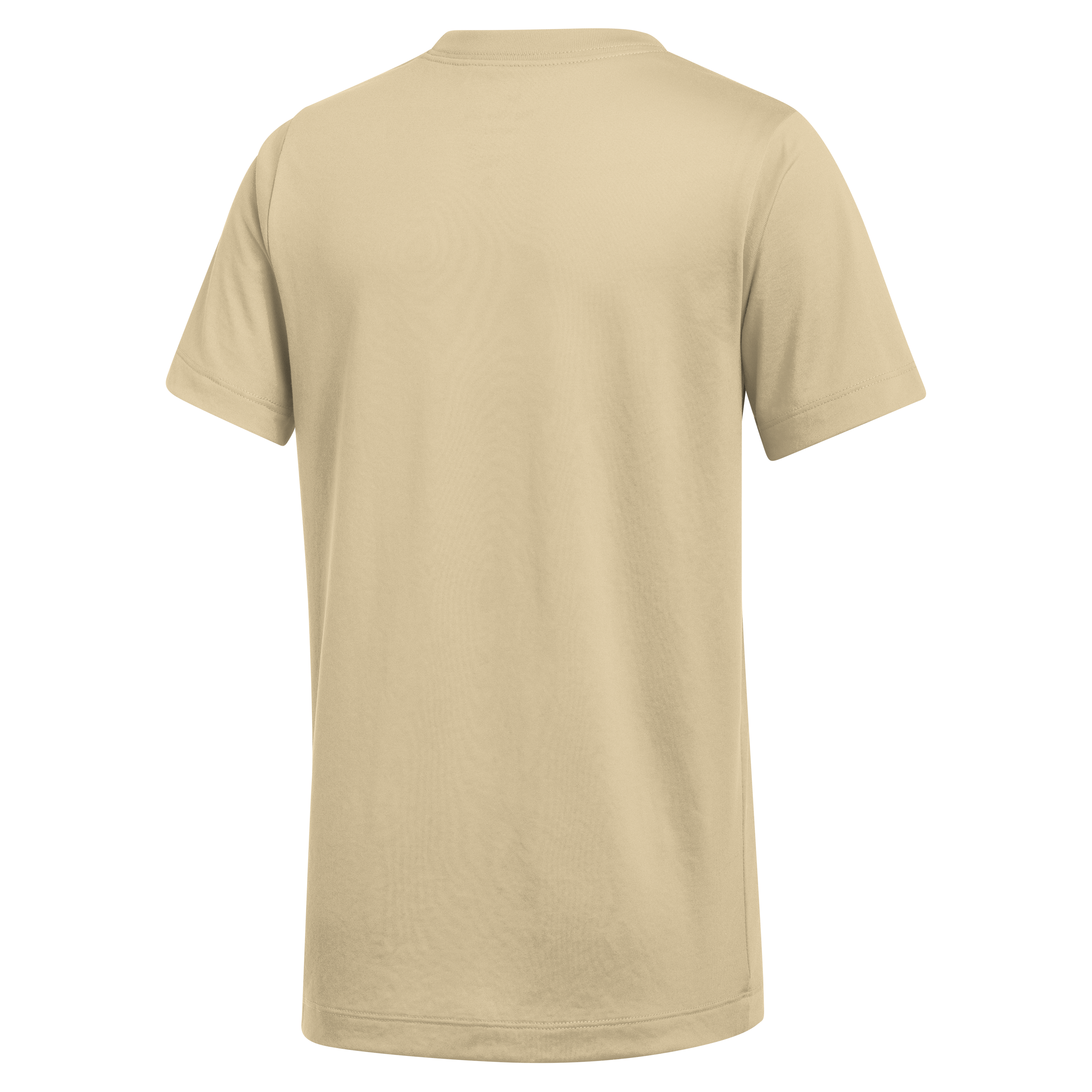 Back view of a plain, light beige short-sleeved T-shirt.