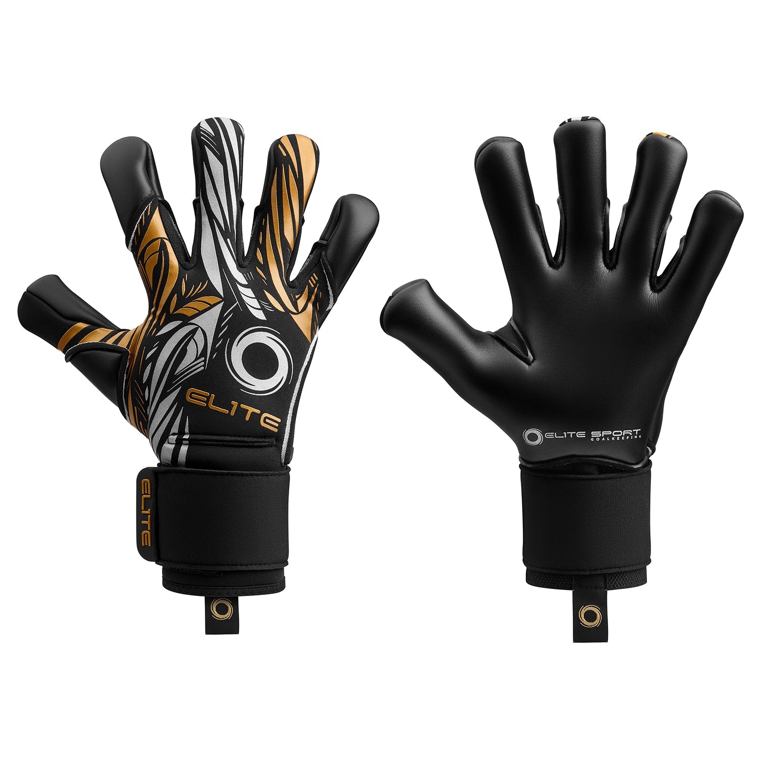 A front and back view of a pair of black Elite Sport goalkeeper gloves featuring a gold and silver graphic design on the backhand and solid black latex palms.