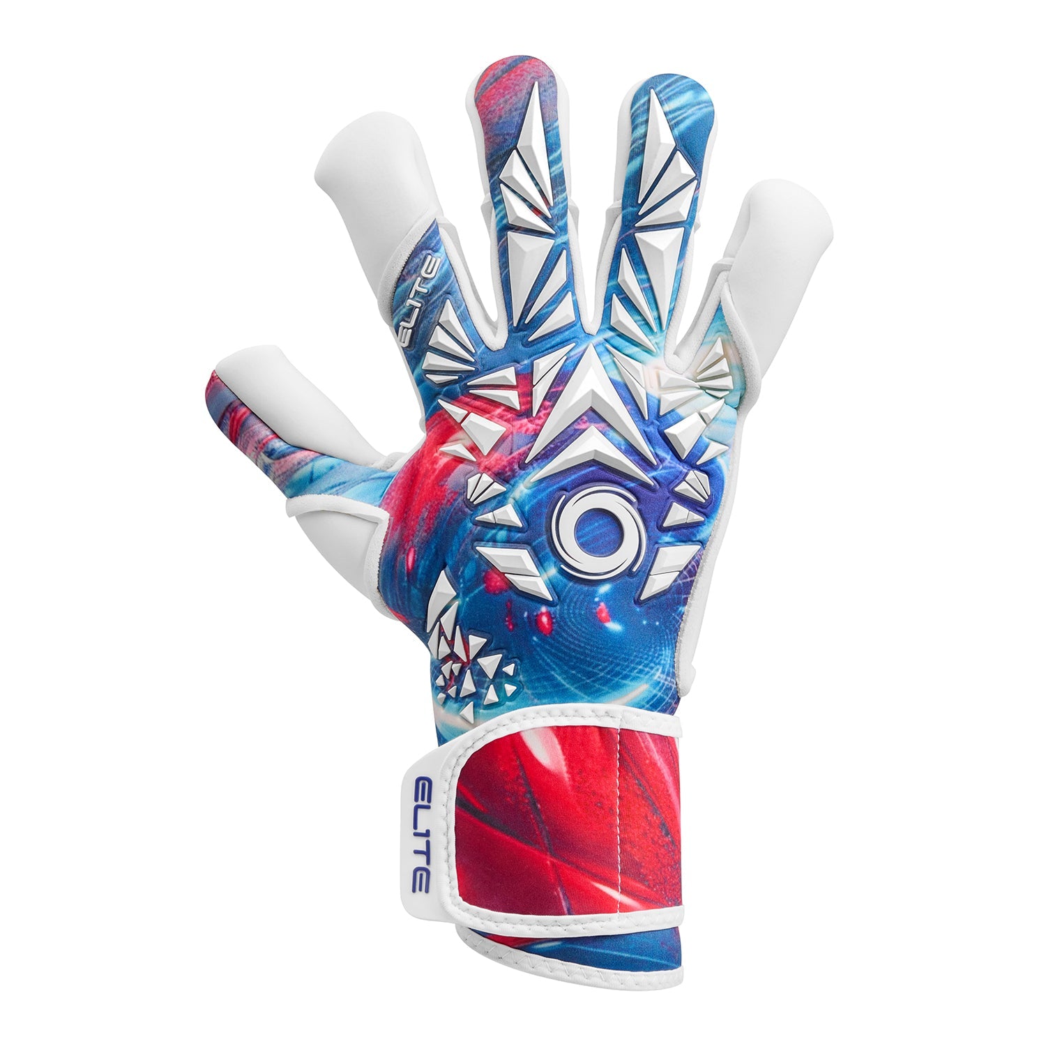 Backhand of a goalkeeper glove featuring a vibrant blue, red, and pink marble design with white geometric 3D accents and an ELITE-branded wrist strap.