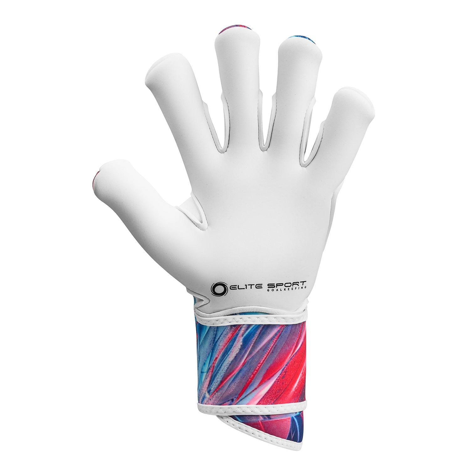 White goalkeeper glove with a vibrant red and blue patterned wrist strap and branding on the palm.