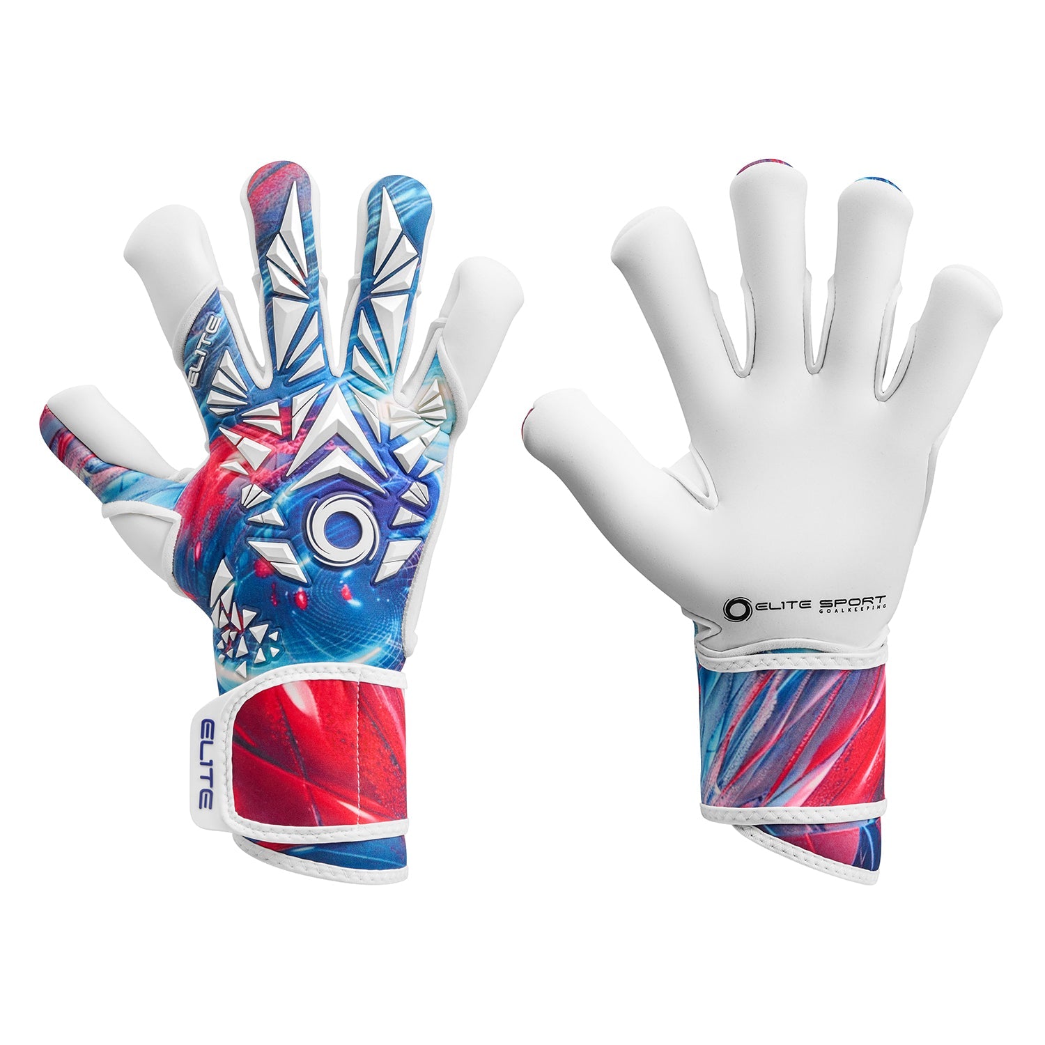 Elite Sport goalkeeper gloves, front and back views. Features a white palm and a vibrant red, blue, and white abstract geometric pattern on the backhand and wrist strap.