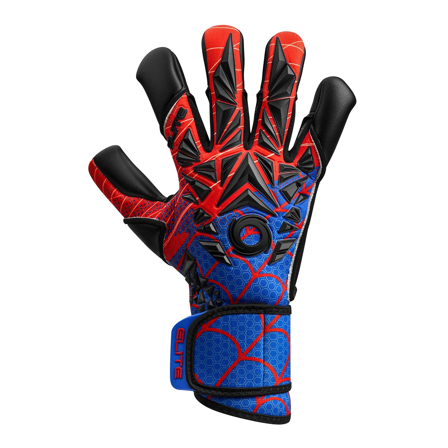 A red and blue goalkeeper glove featuring black 3D geometric textures and a web-like pattern, with "ELITE" branding on the blue wrist strap, displayed on a white background.