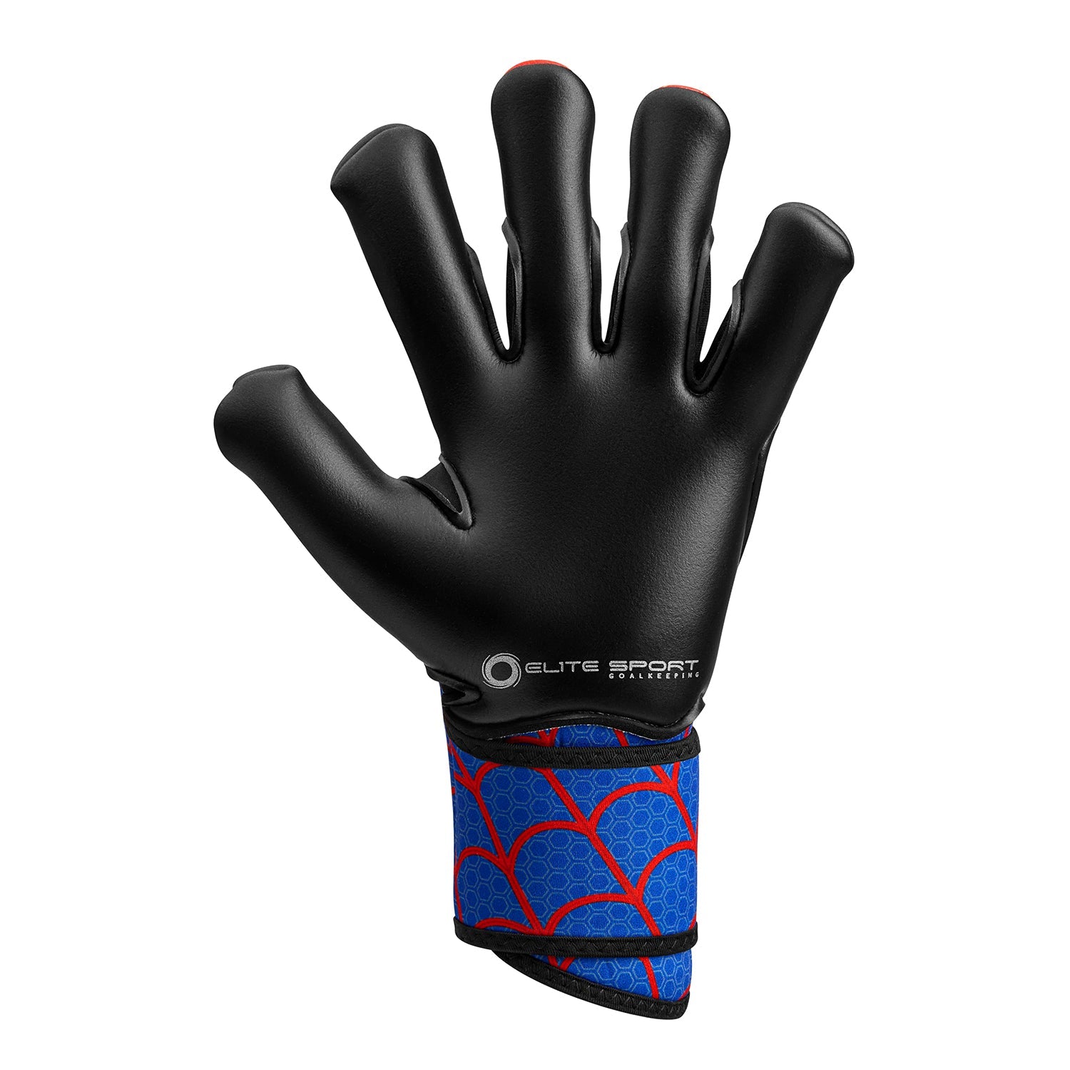 A black goalkeeper glove with a blue and red patterned wrist strap, featuring the "ELITE SPORT" logo on the palm, set against a plain white background.