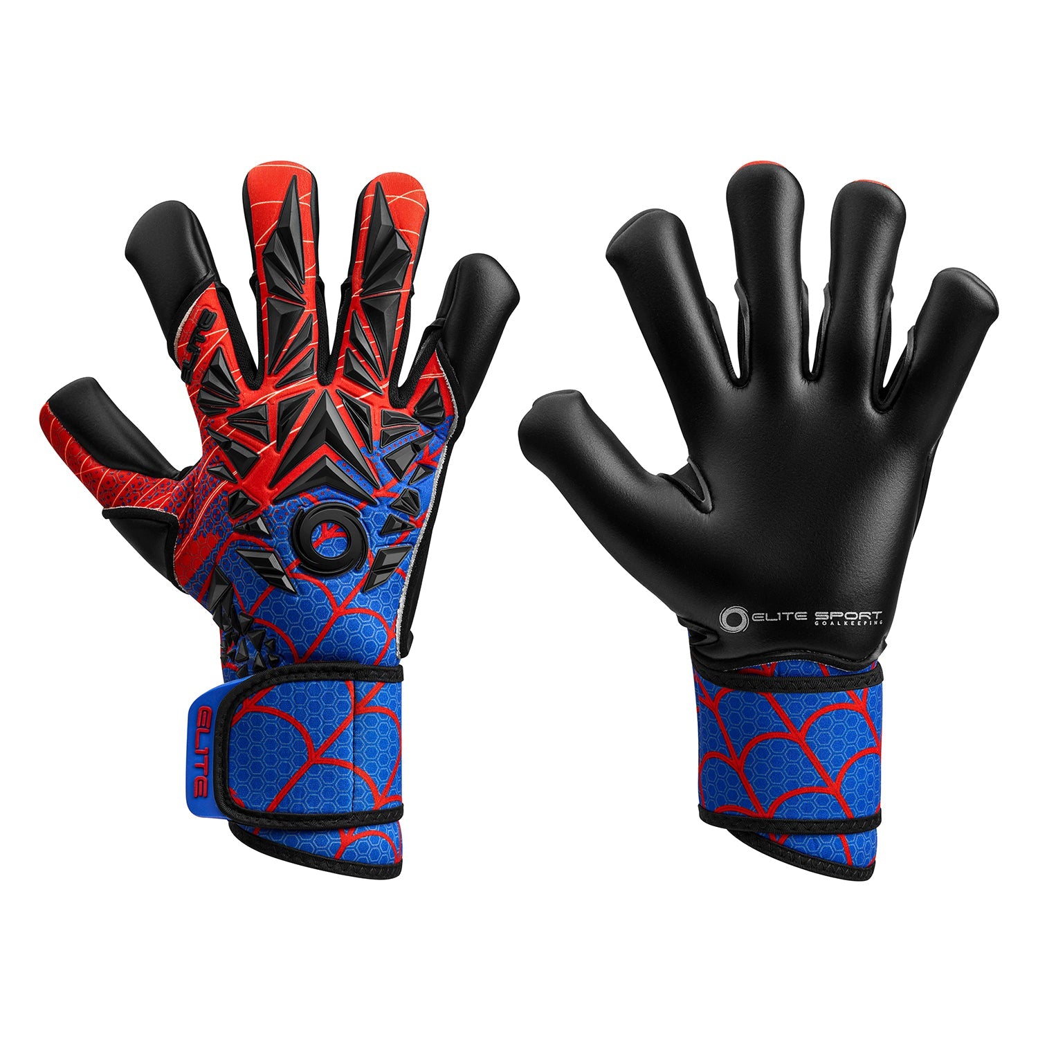 Front and back view of red and blue goalkeeper gloves featuring black 3D textured panels on the back and black latex palms, with Elite Sport branding.