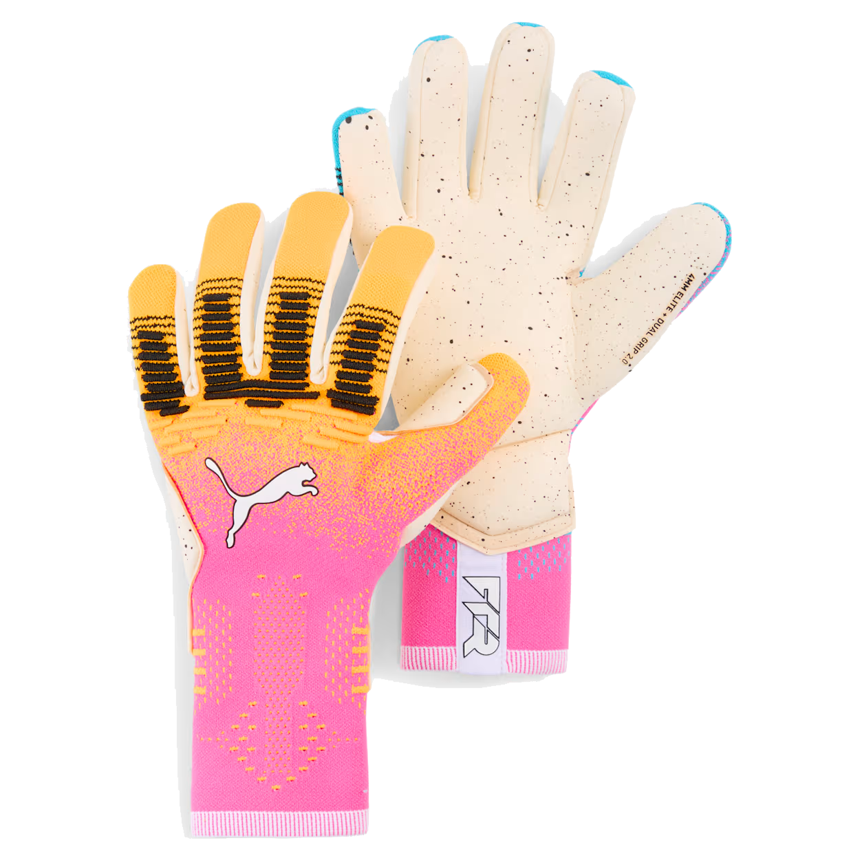 A pair of Puma goalkeeper gloves featuring a pink and orange back with a white cat logo and a speckled cream palm.
