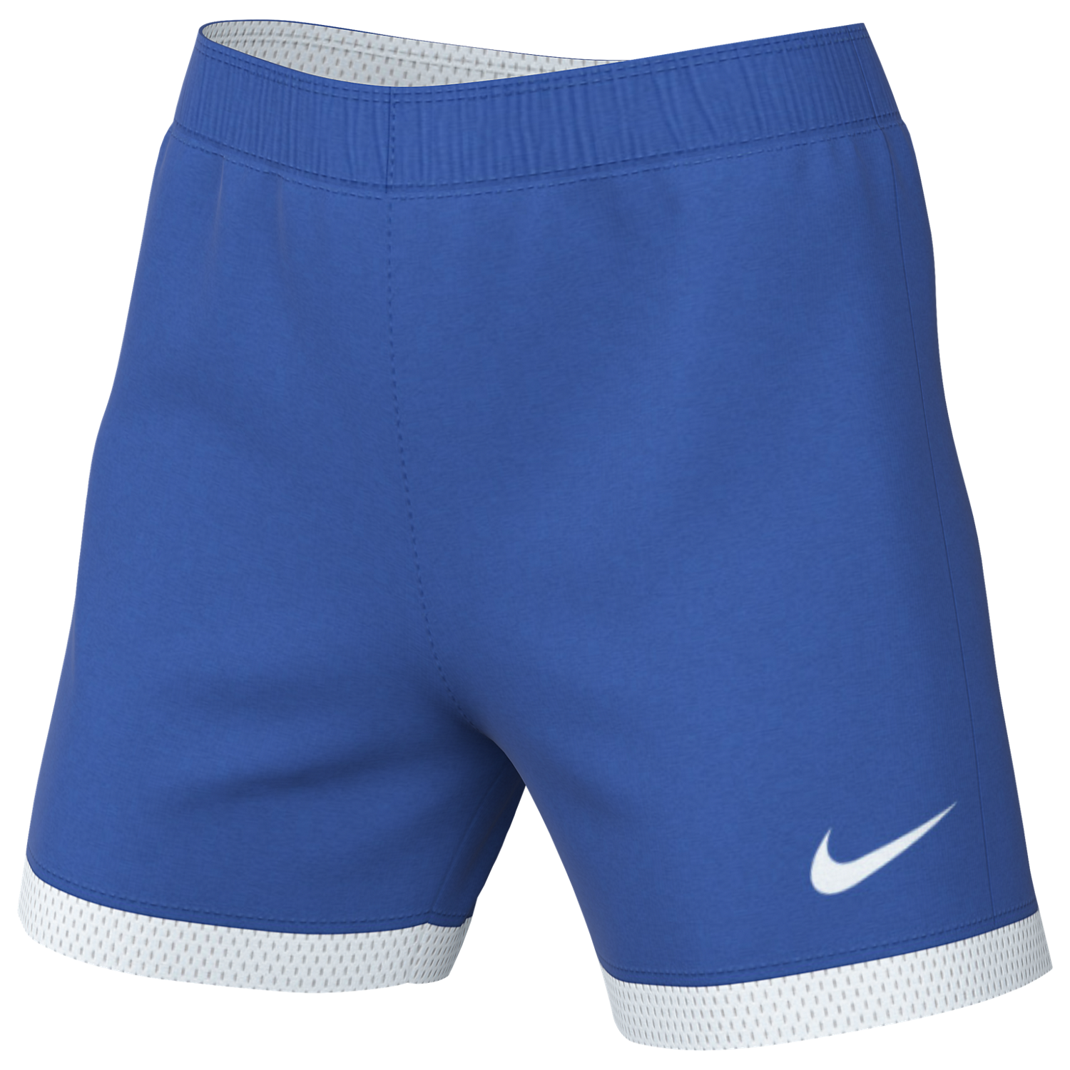 Royal blue Nike athletic shorts featuring a white mesh trim at the hem and a white swoosh logo on the lower left leg.