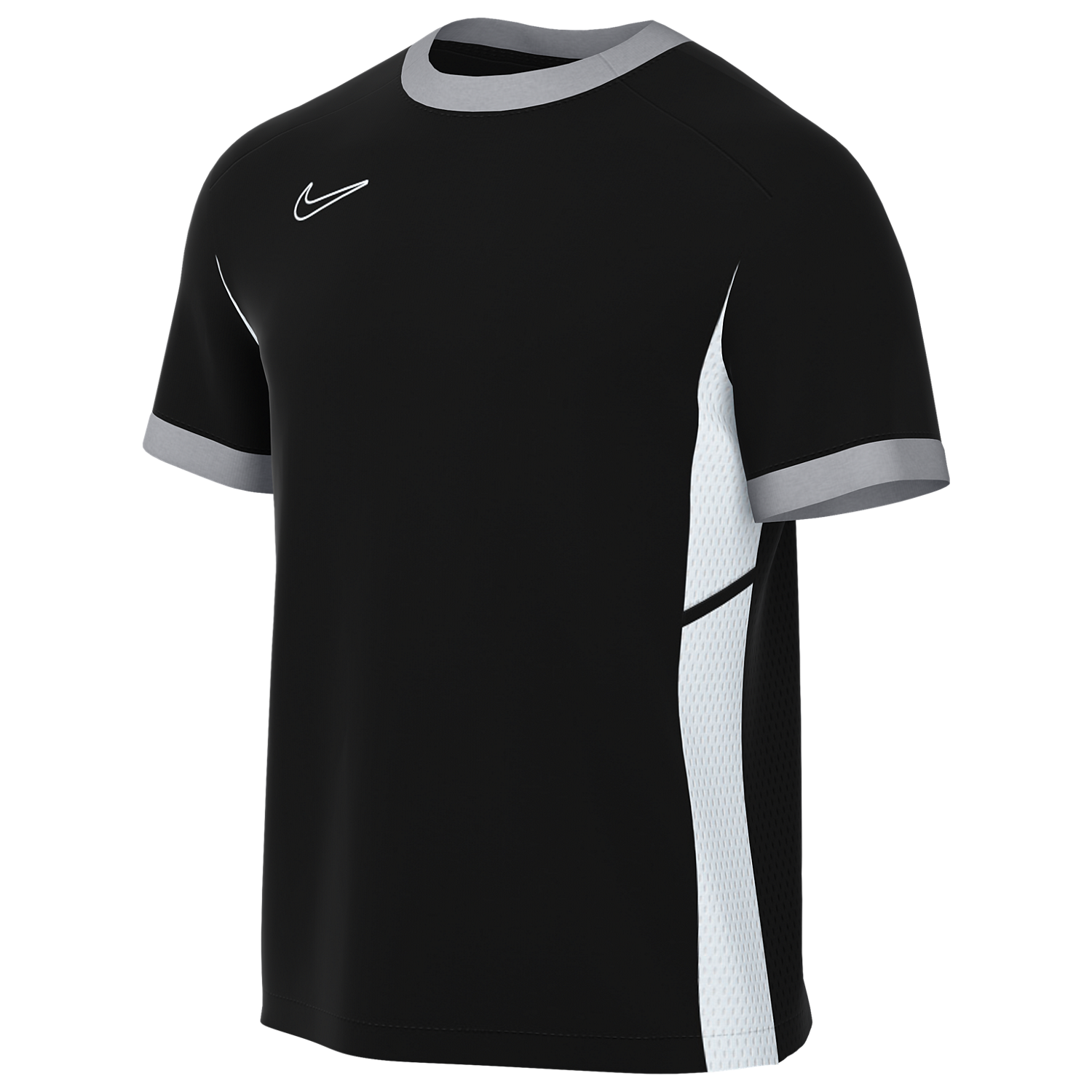 A black Nike short-sleeve athletic shirt with grey trim on the collar and cuffs, featuring a white swoosh and white mesh side panels with a black horizontal stripe.