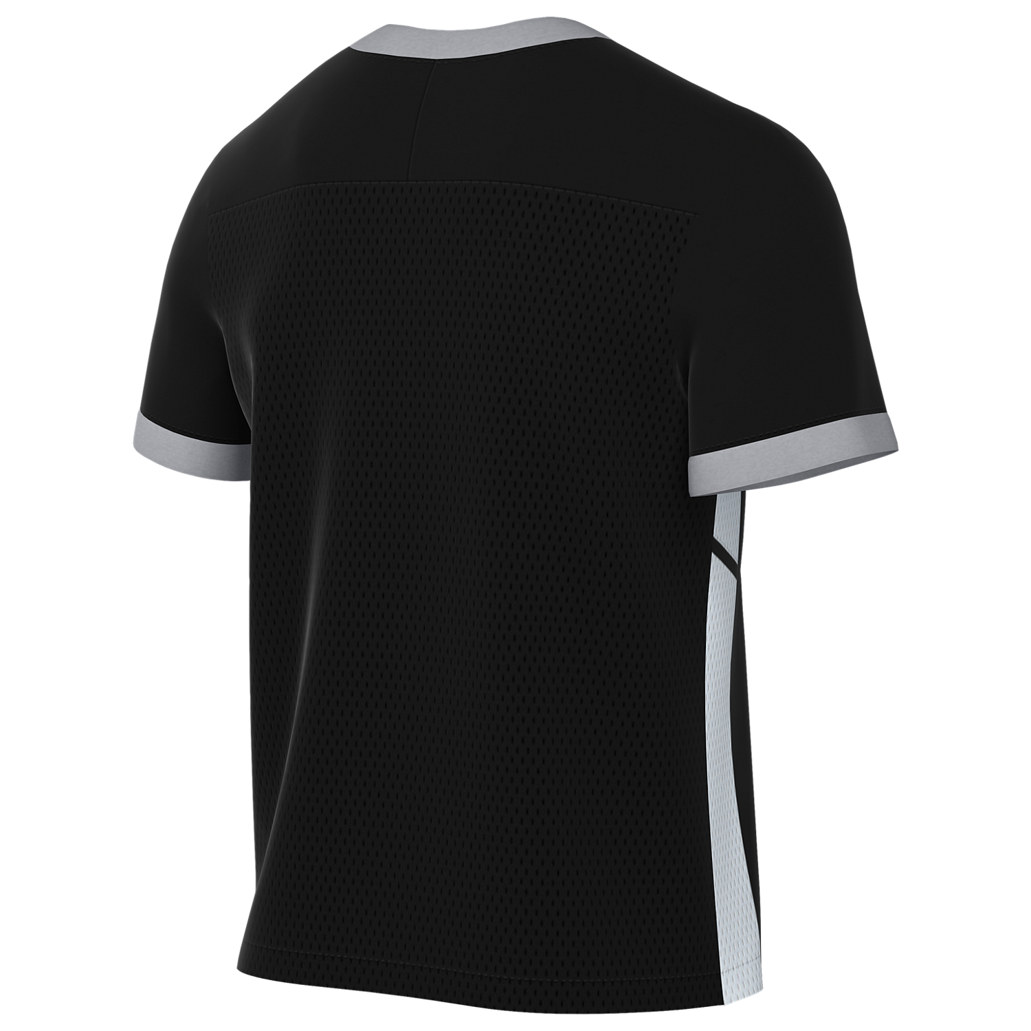 Rear view of a black short-sleeve athletic jersey with grey trim, a mesh back, and a white side panel with black accents.