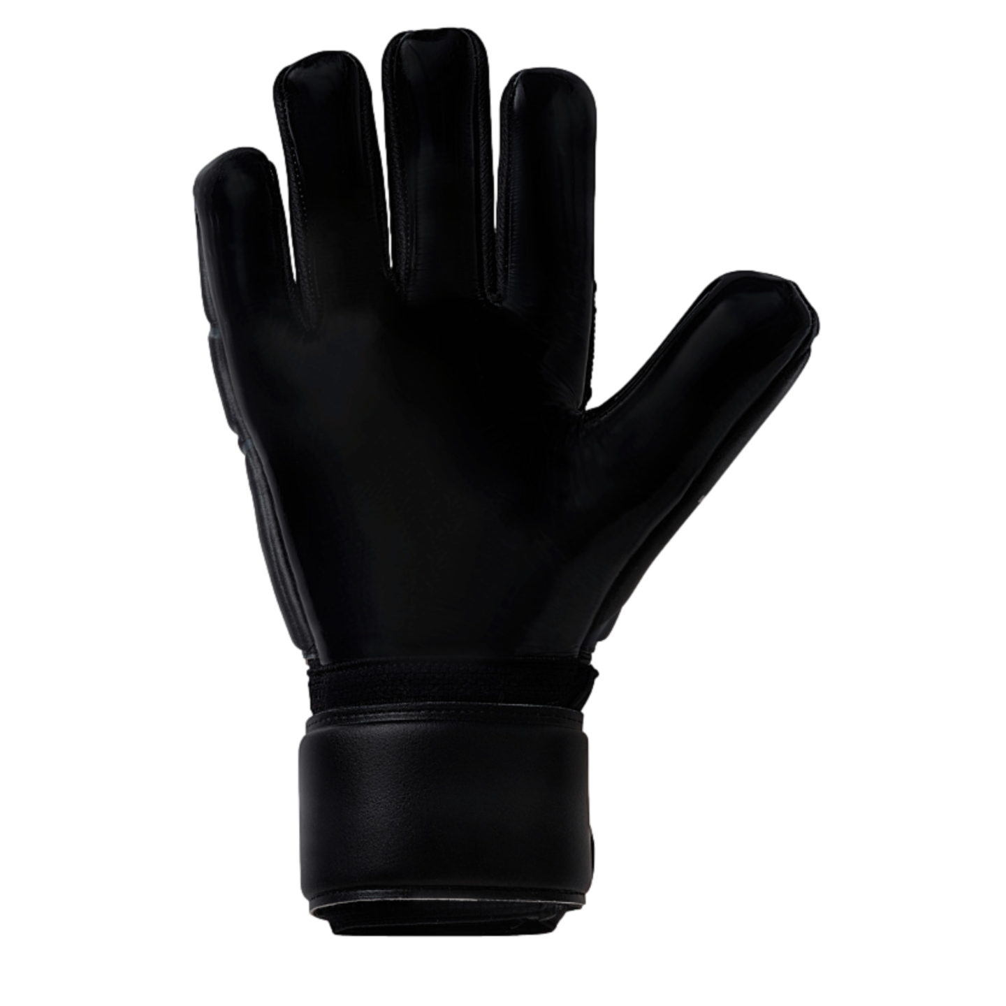 The palm view of the all-black Uhlsport Comfort Absolutgrip HN Goalkeeper Gloves, featuring a smooth latex grip surface and a wide, secure wrist strap.