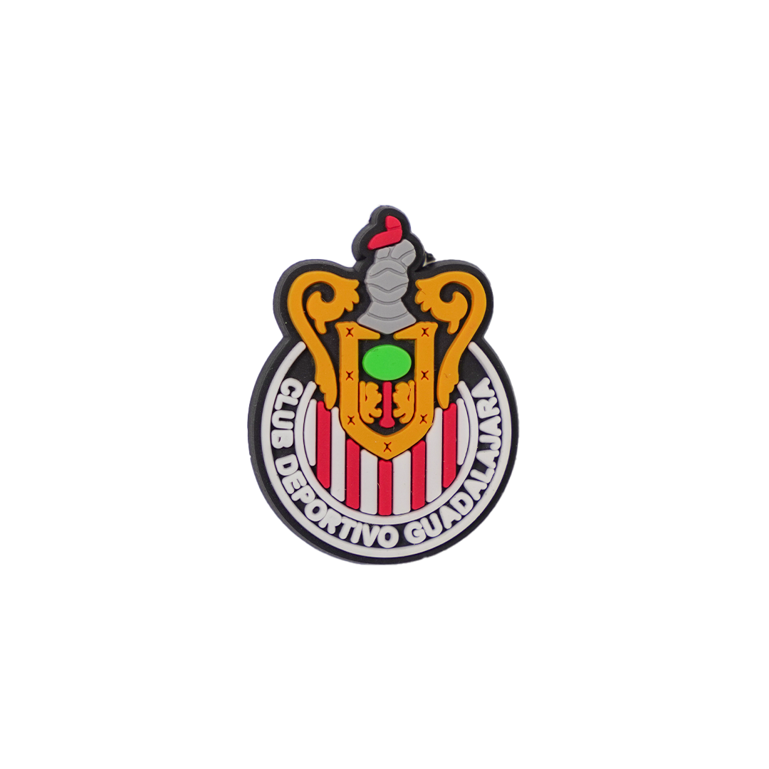 A soccer croc charm featuring the colorful logo of the Chivas de Guadalajara Mexican football club.