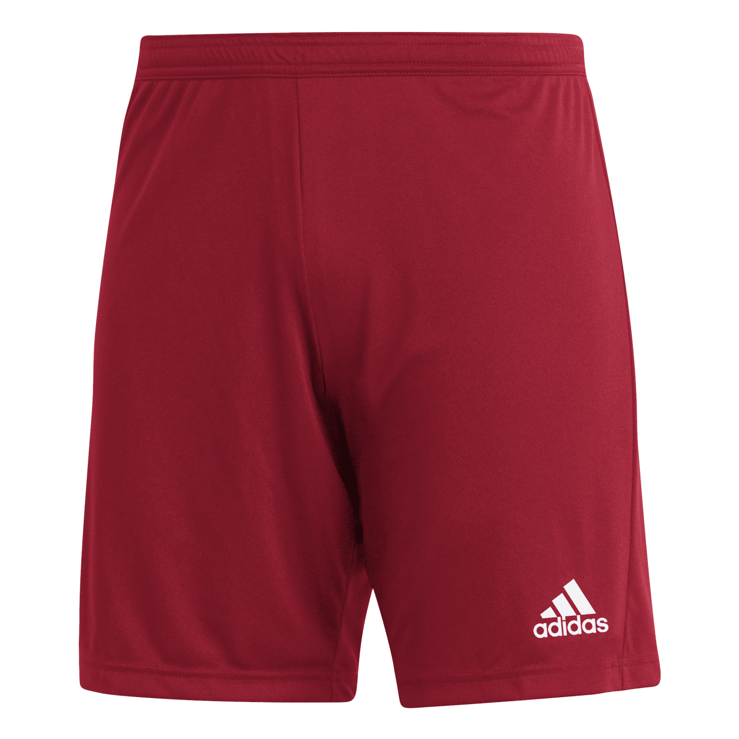 A pair of burgundy Adidas athletic shorts with a white logo on the lower left leg.
