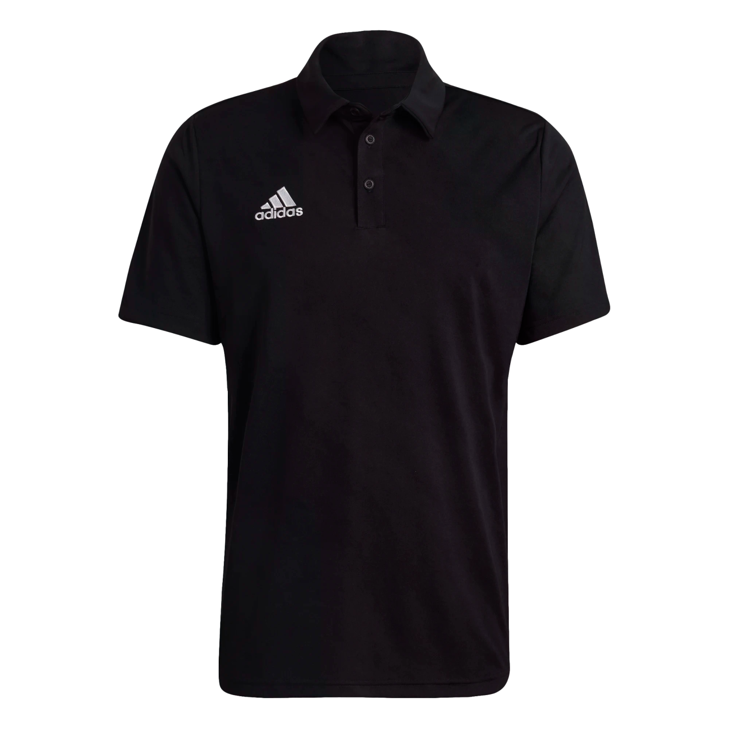 A front view of a black Adidas short-sleeved polo shirt with a white logo on the left chest. It features a traditional collar and a two-button placket.