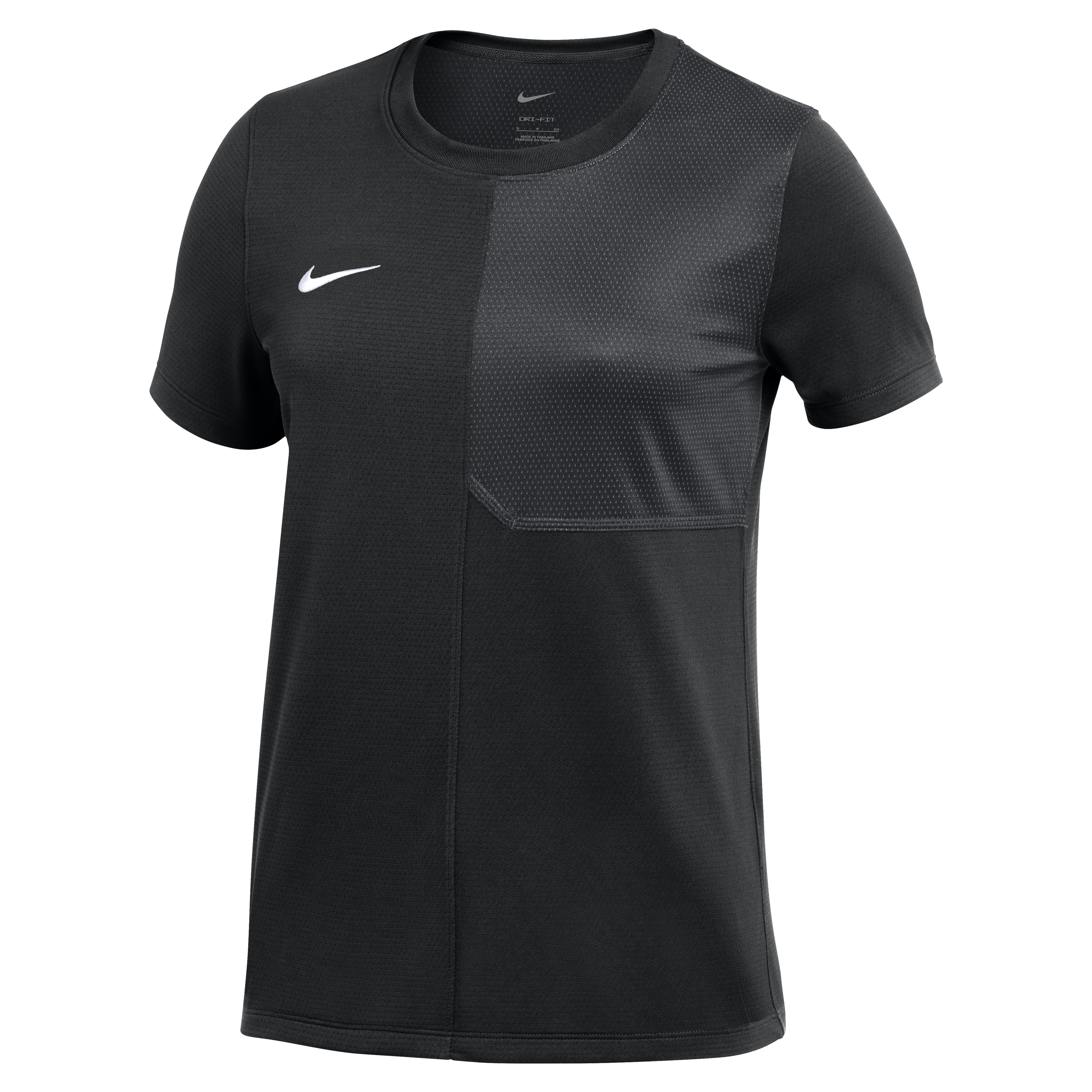 Black Nike women's short-sleeve athletic t-shirt featuring a white swoosh logo and breathable mesh panels.