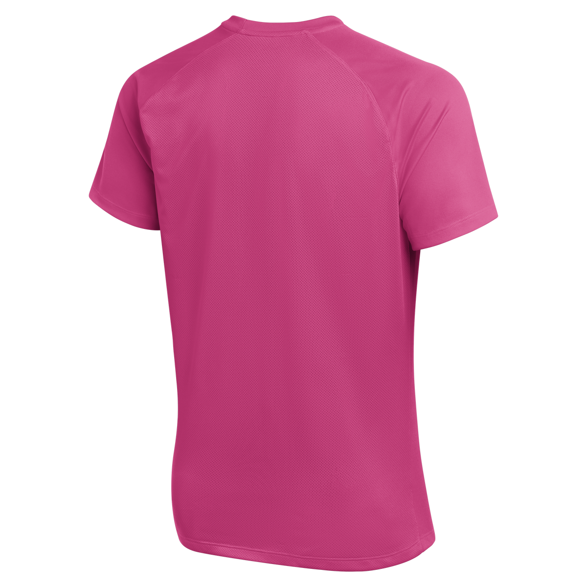 Back view of a bright pink, short-sleeved athletic t-shirt with raglan sleeves and a breathable mesh texture, shown against a solid white background.