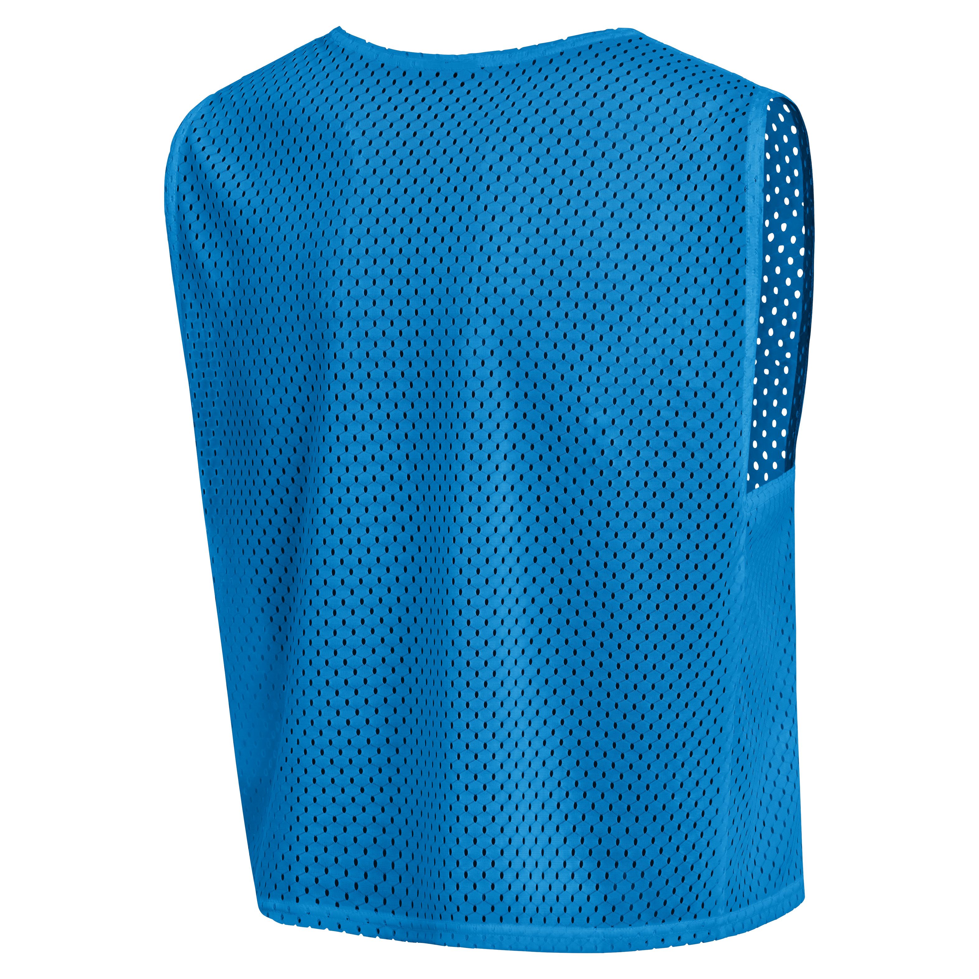 The back view of a blue, sleeveless mesh athletic vest or scrimmage pinnie.