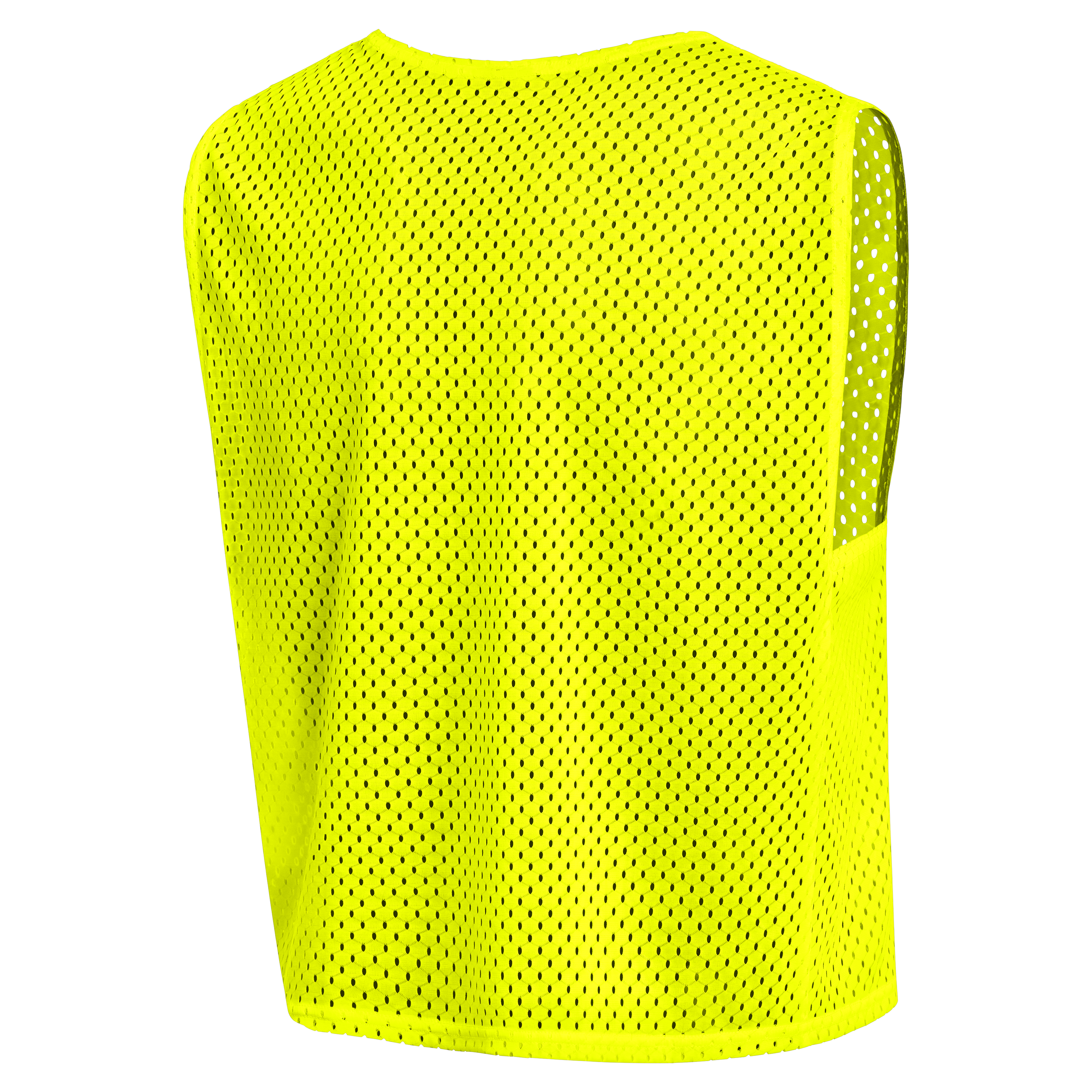 Back view of a neon yellow mesh athletic scrimmage vest against a white background.