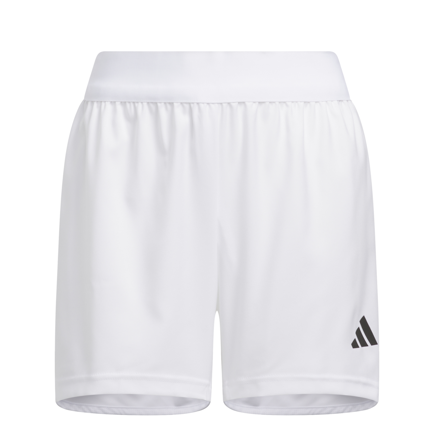 White athletic shorts with a wide elastic waistband and a small black logo on the bottom right leg.