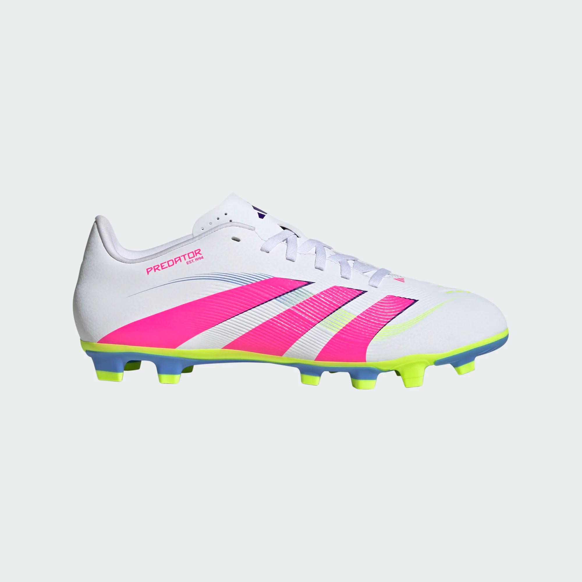 White Adidas Predator soccer boot featuring bright pink stripes and lime green accents on the studded sole.