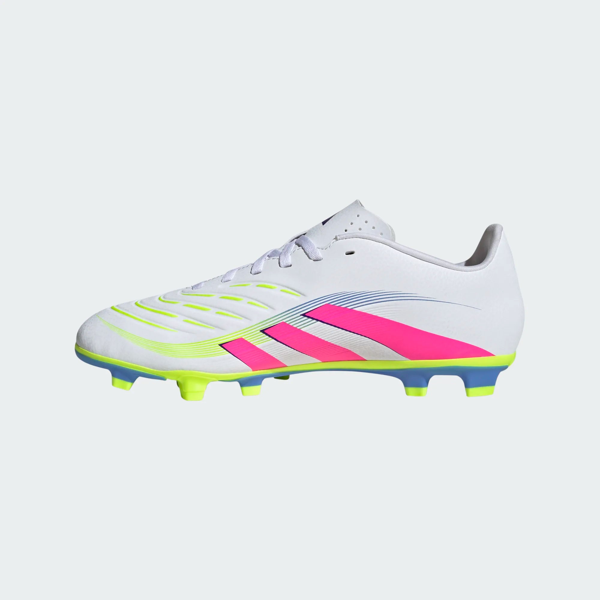 Profile view of a white Adidas soccer cleat with pink stripes, lime green accents, and a blue and yellow studded sole, set against a plain gray background.