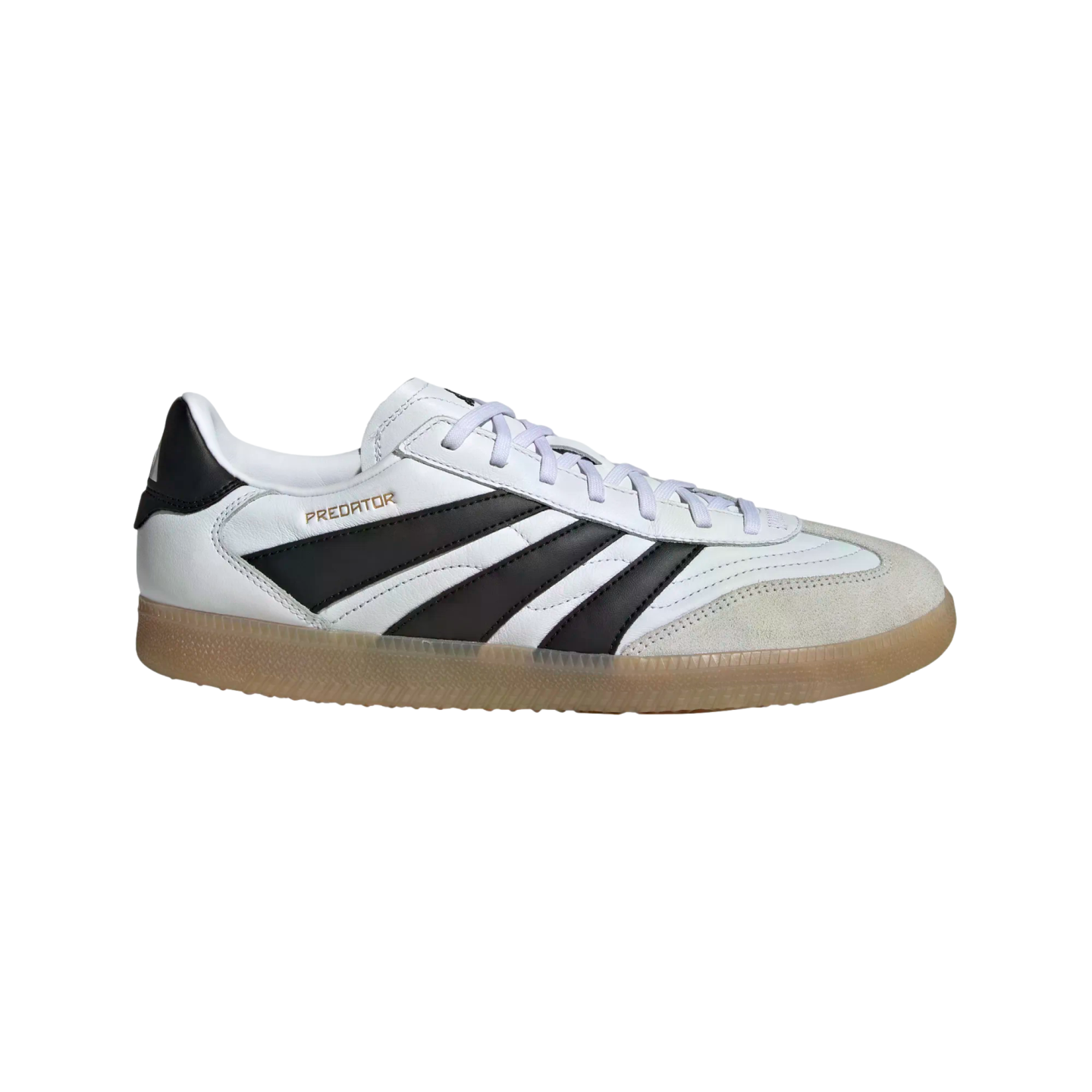 Side view of a white leather Adidas Predator sneaker with three black stripes, a grey suede toe cap, and a gum rubber sole.