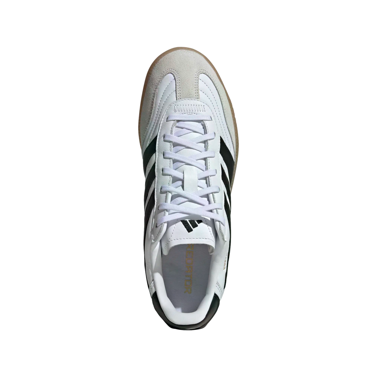 Top-down view of a white Adidas sneaker with black stripes, gray suede toe cap, white laces, and a tan gum sole.
