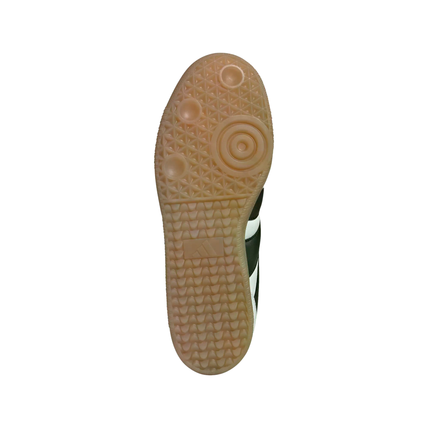 Bottom view of a gum rubber shoe sole with an intricate tread pattern, pivot points, and a small Adidas logo.
