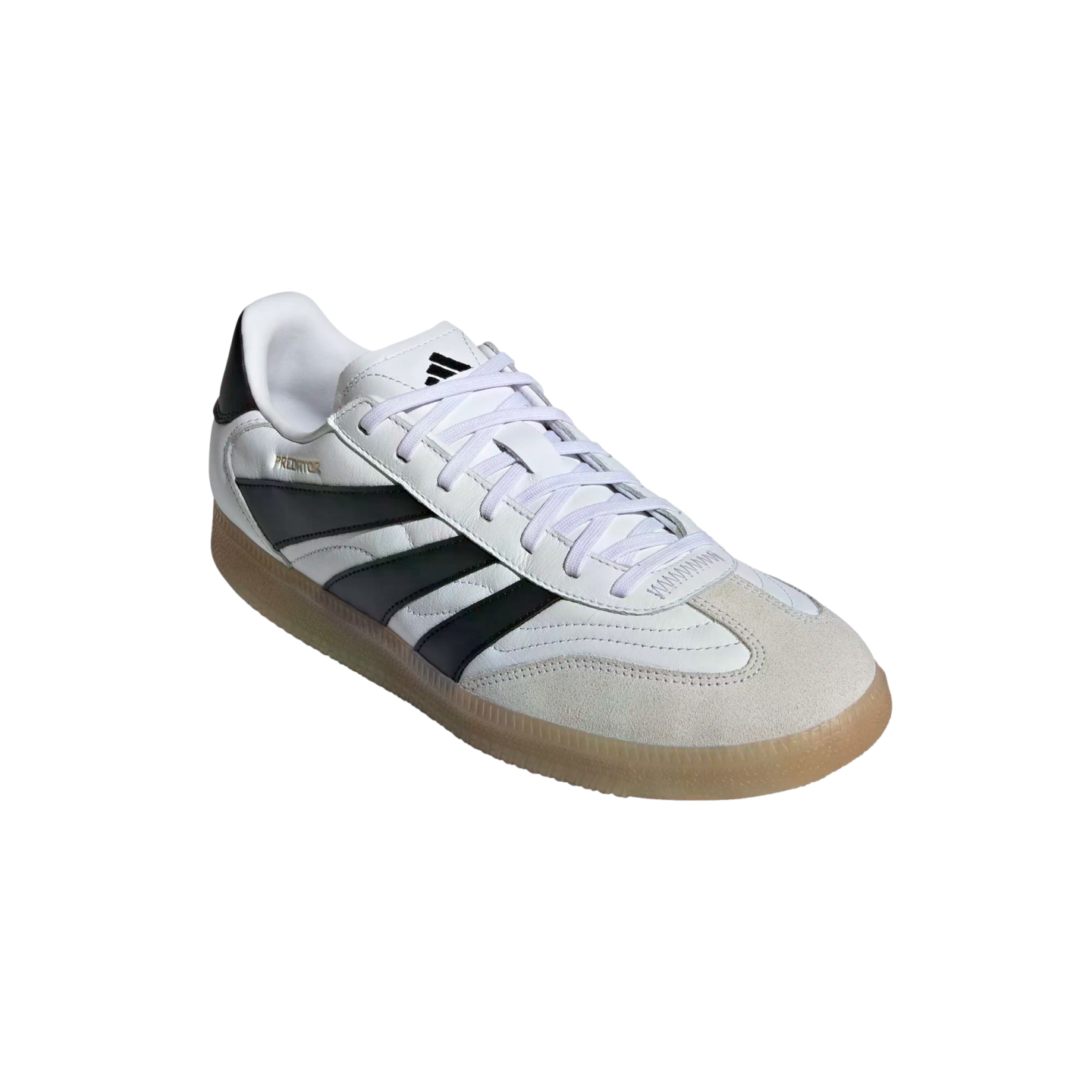 A white Adidas Predator sneaker with three black diagonal stripes, a grey suede toe cap, and a gum rubber sole on a plain white background.