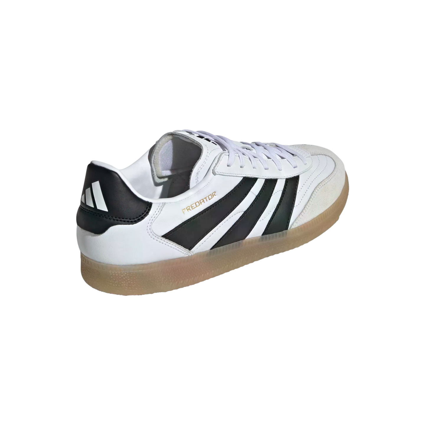 White Adidas Predator sneaker with black stripes, gold branding, and a gum rubber sole, shown from a rear three-quarter angle.