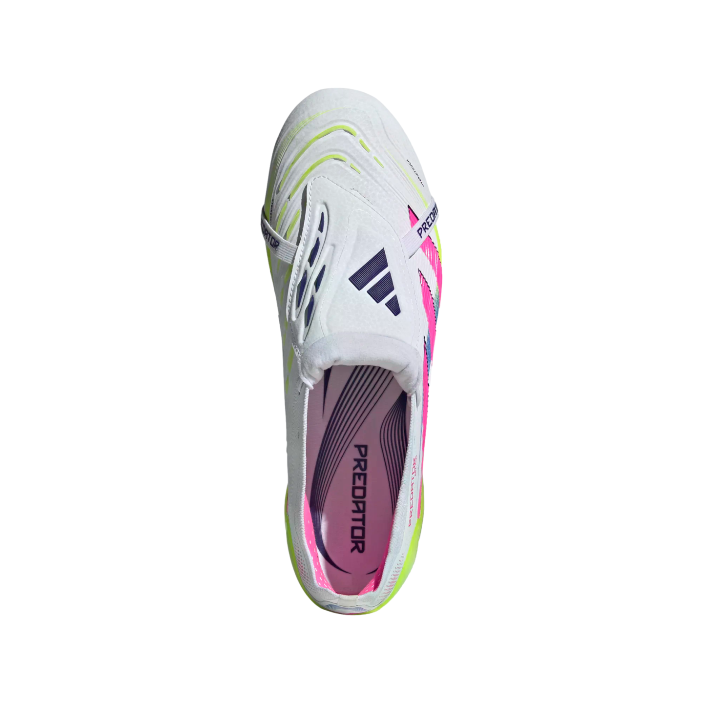 Top-down view of a white Adidas Predator soccer cleat featuring vibrant pink and neon yellow accents against a white background.