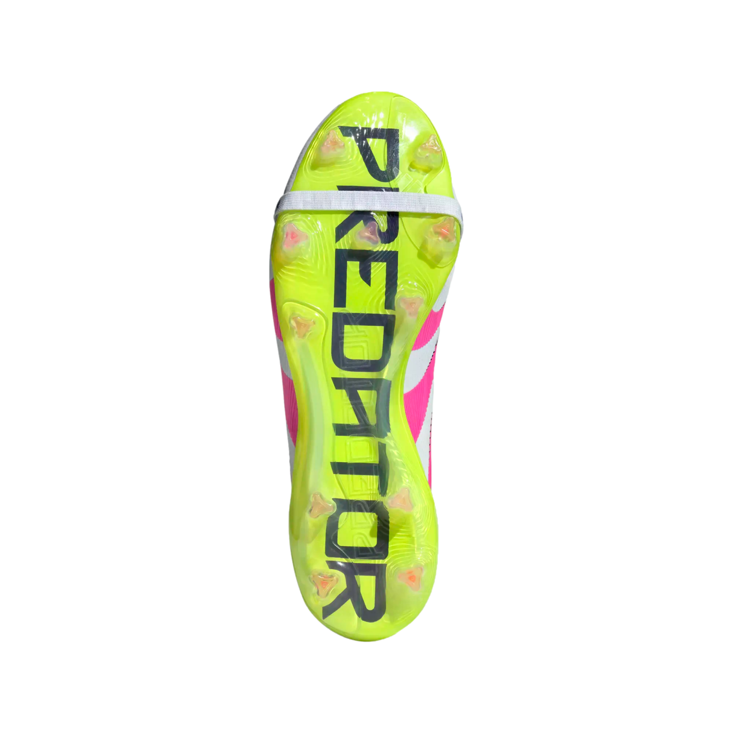 Bottom view of a lime yellow soccer cleat featuring large vertical "PREDATOR" text, translucent studs with pink tips, and a white elastic forefoot strap.