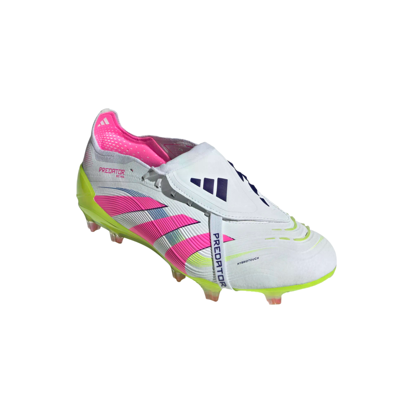 White Adidas Predator soccer cleat with pink, yellow, and blue accents, featuring a fold-over tongue and textured upper on a white background.