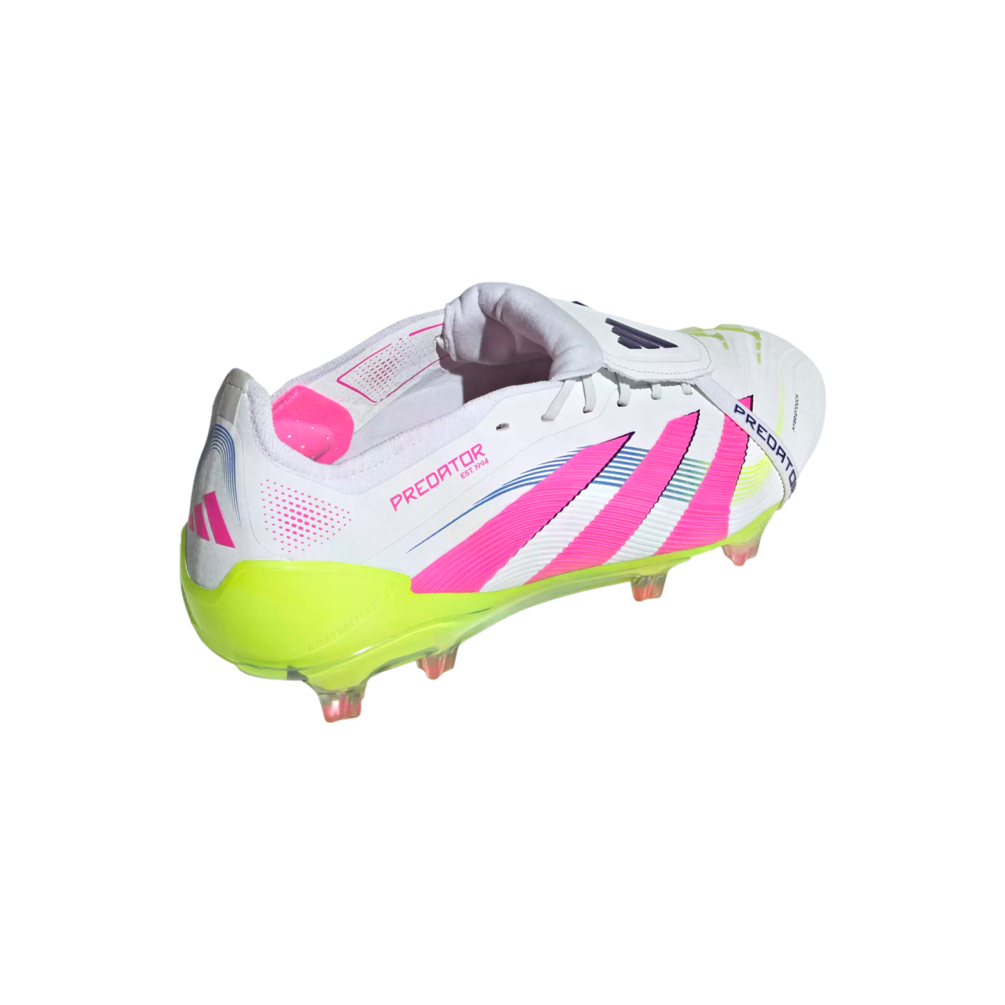 Rear-side view of a white Adidas Predator soccer cleat featuring pink diagonal stripes, light blue accents, and a vibrant yellow sole plate.