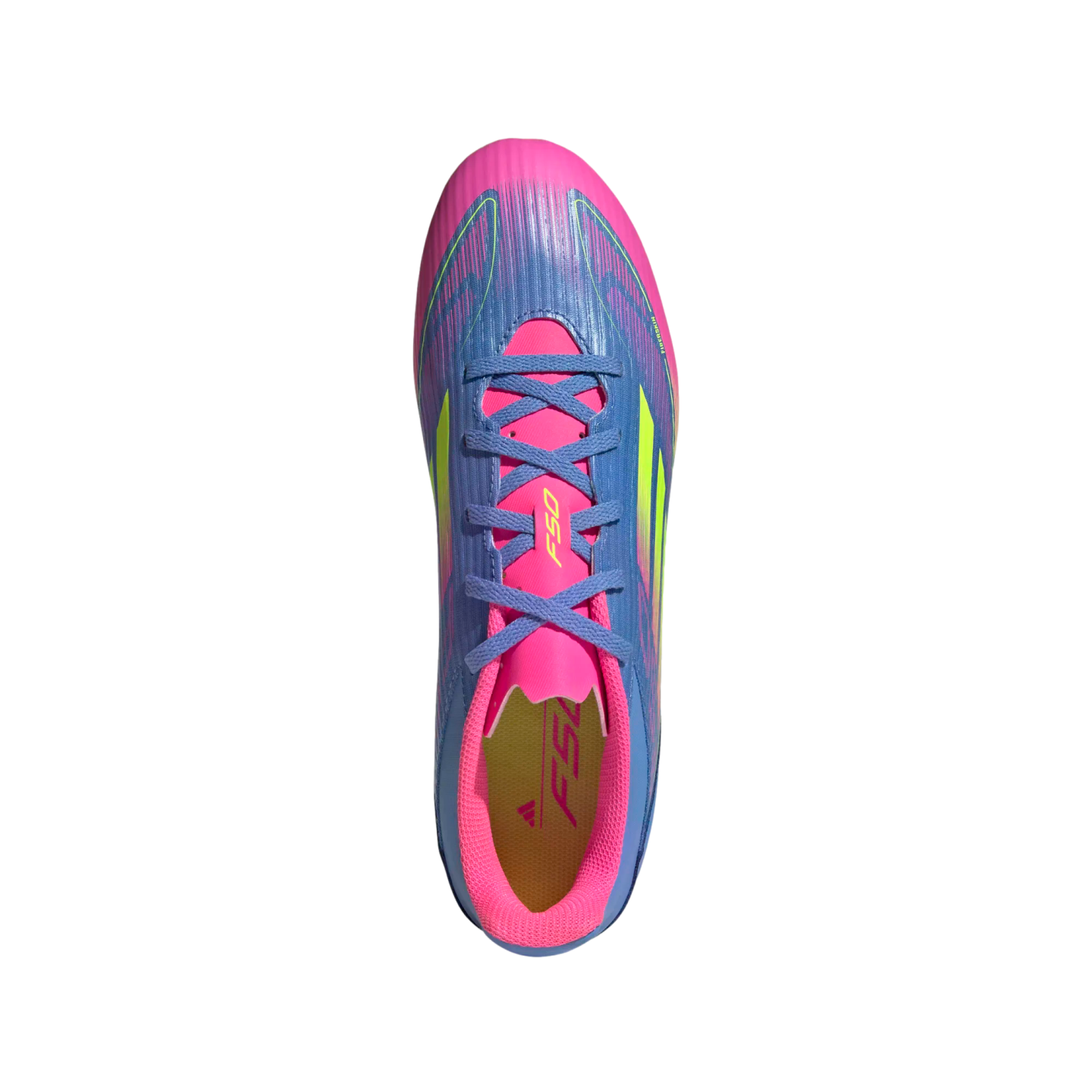 Top-down view of a colorful Adidas F50 soccer cleat featuring a blue upper with pink and lime green accents, blue laces, and a pink tongue.