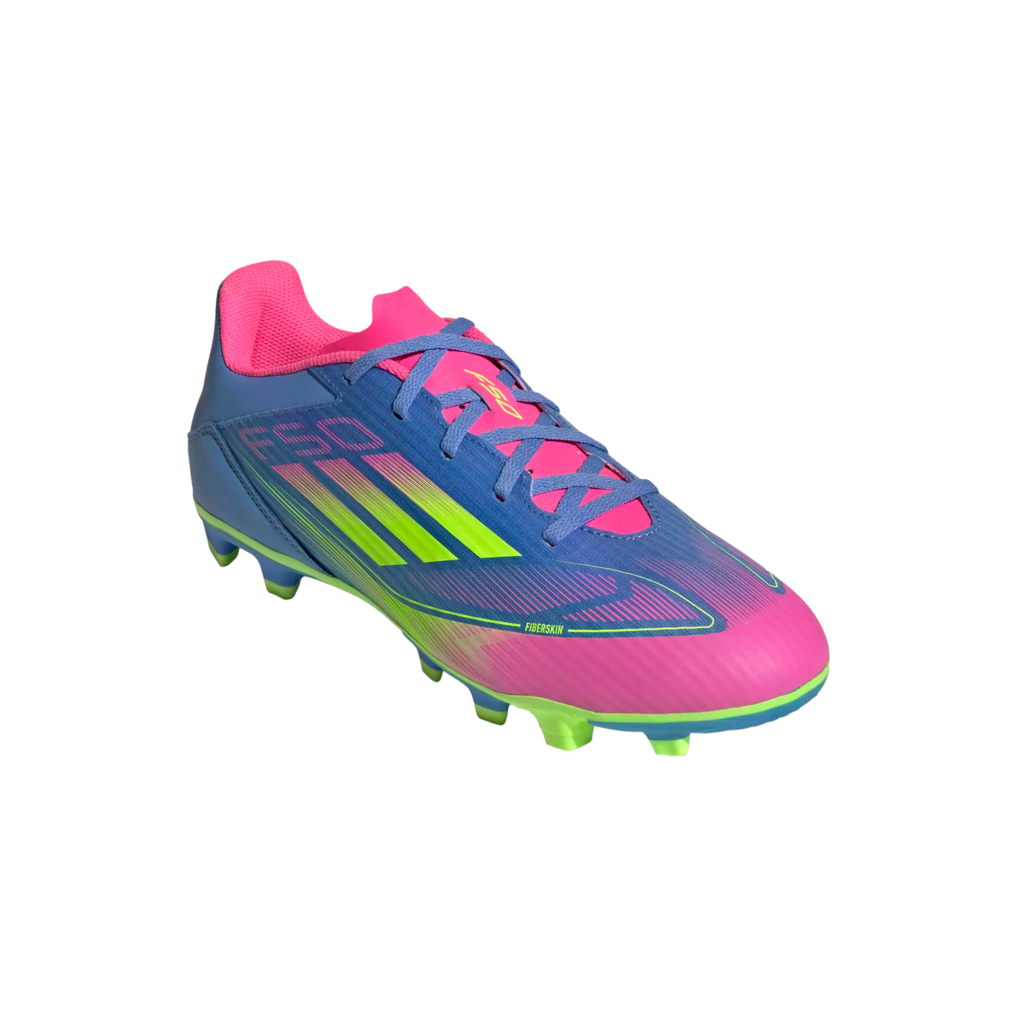 A vibrant blue, pink, and lime green Adidas F50 soccer cleat with a spiked soleplate.