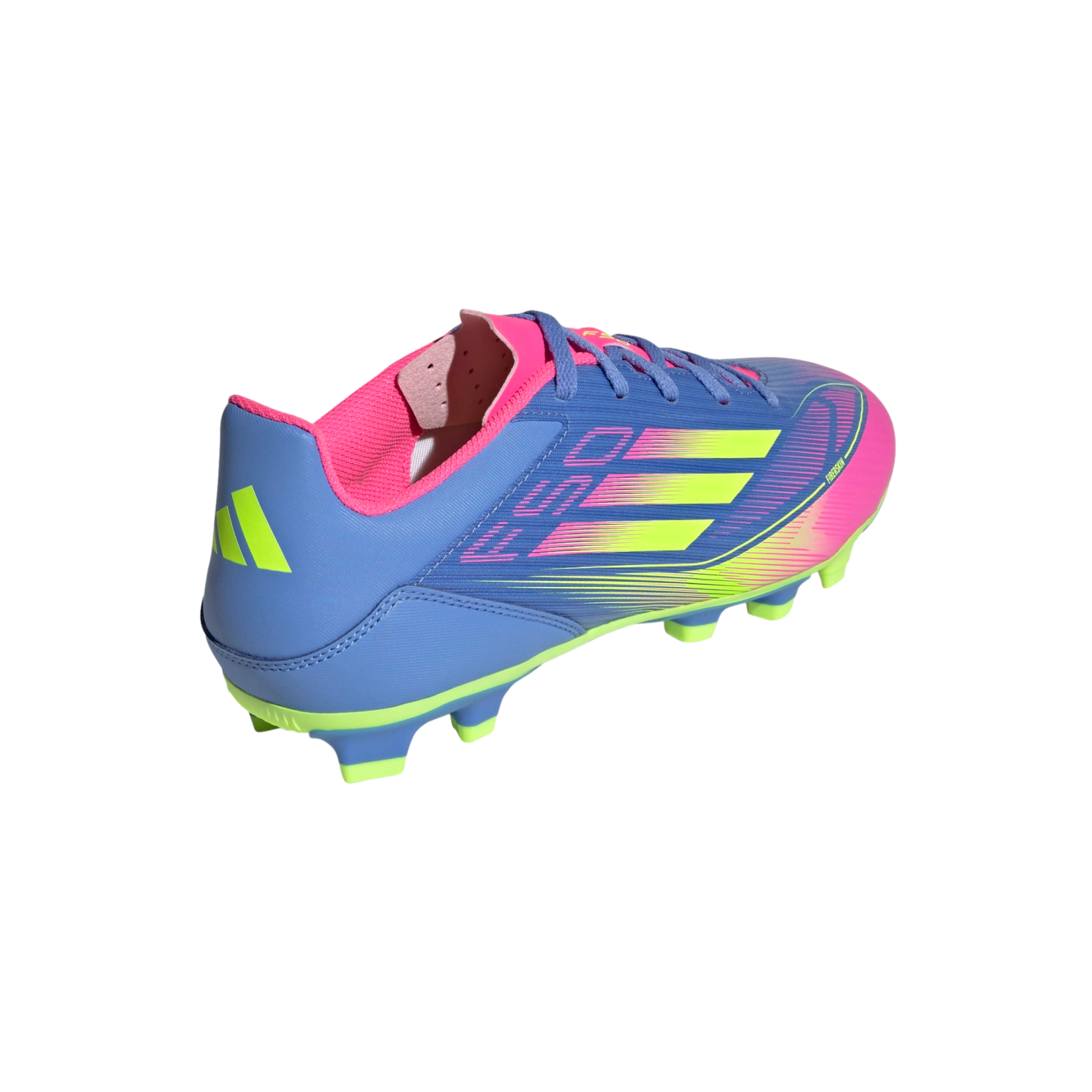 Blue, pink, and neon yellow Adidas F50 soccer cleat viewed from a rear three-quarter angle on a white background.
