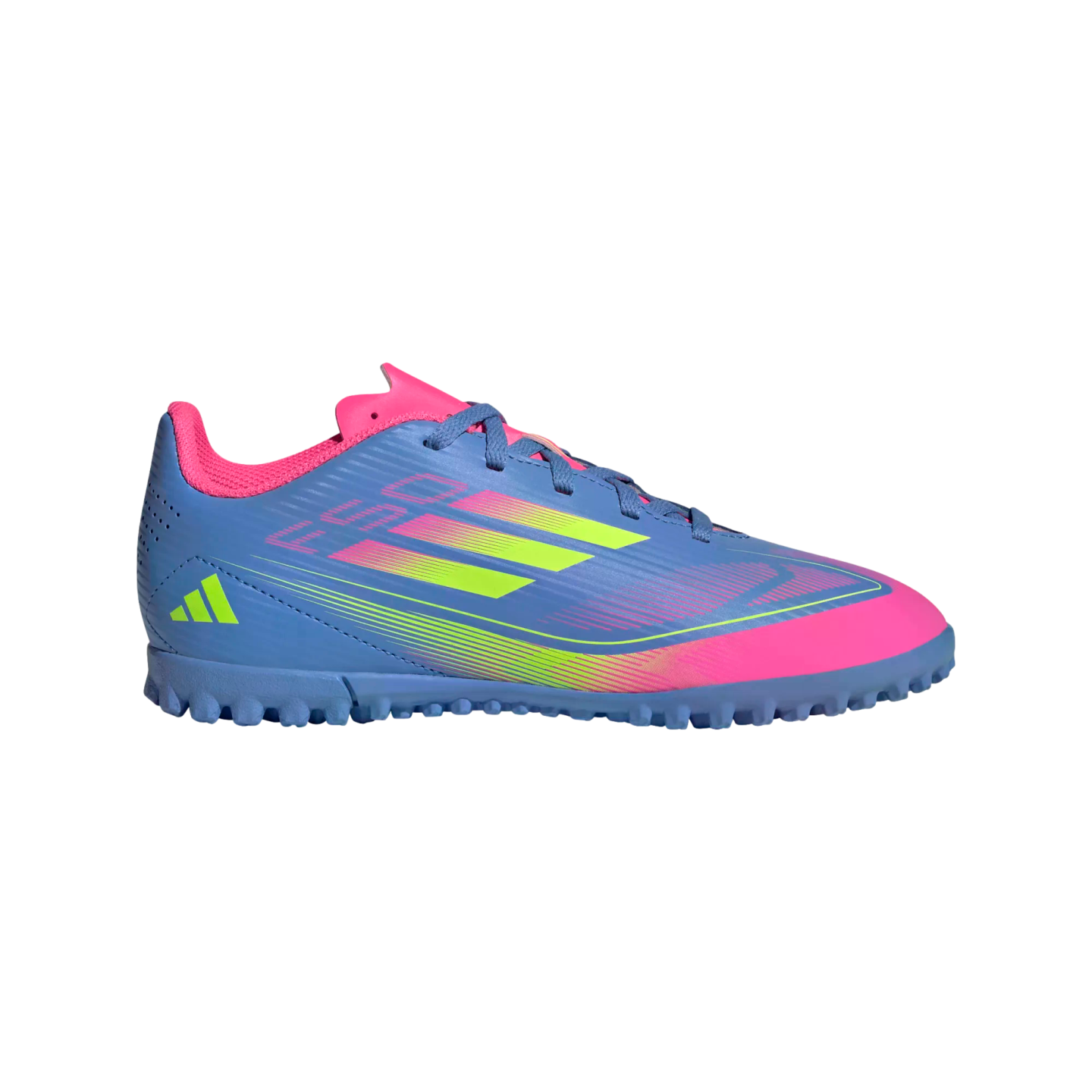 An Adidas turf soccer shoe for kids with a blue upper, neon pink and yellow accents, and a studded outsole for traction on artificial grass.