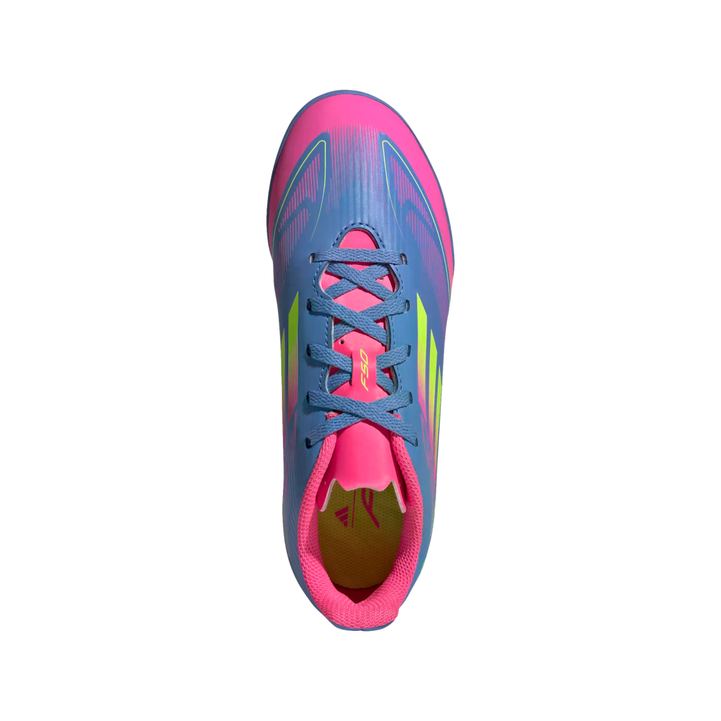 Top-down view of a vibrant pink and blue Adidas F50 soccer shoe with lime green accents against a black background.
