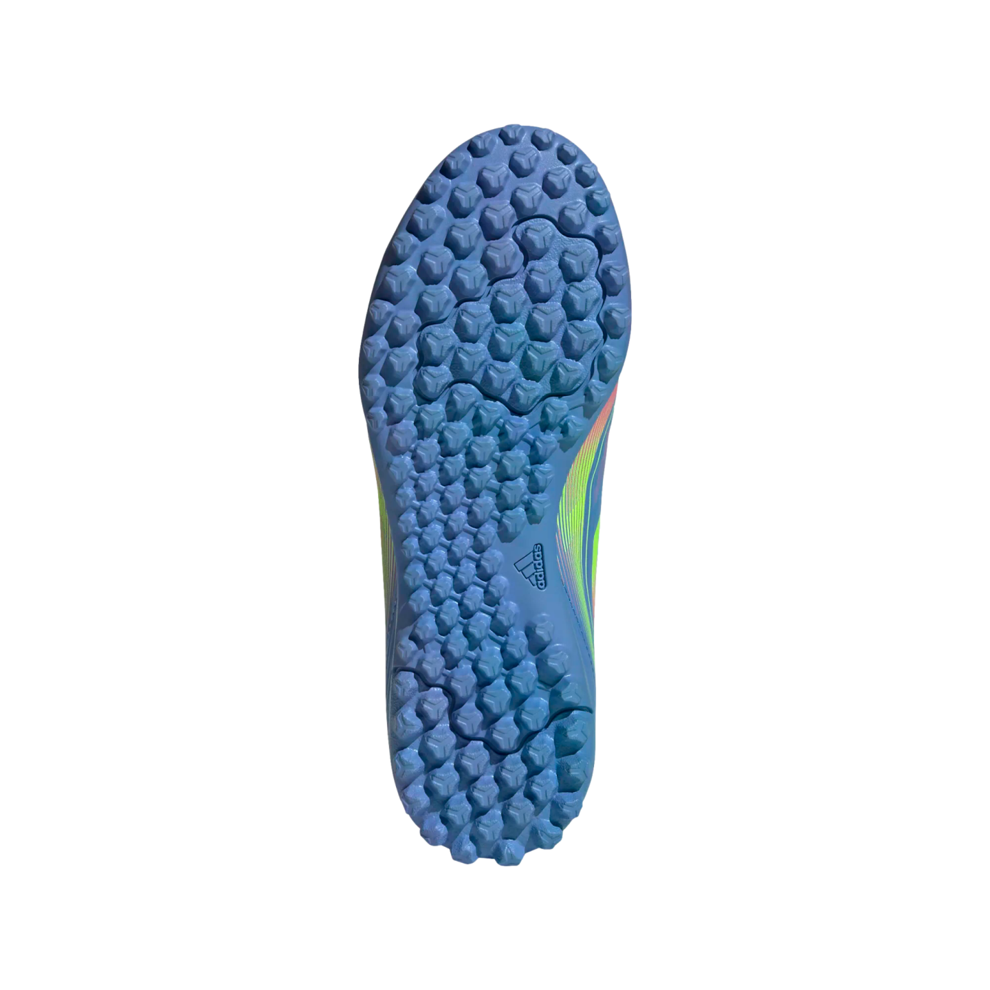 Underside of a blue Adidas turf soccer shoe featuring a dense pattern of small rubber studs and colorful iridescent side accents.