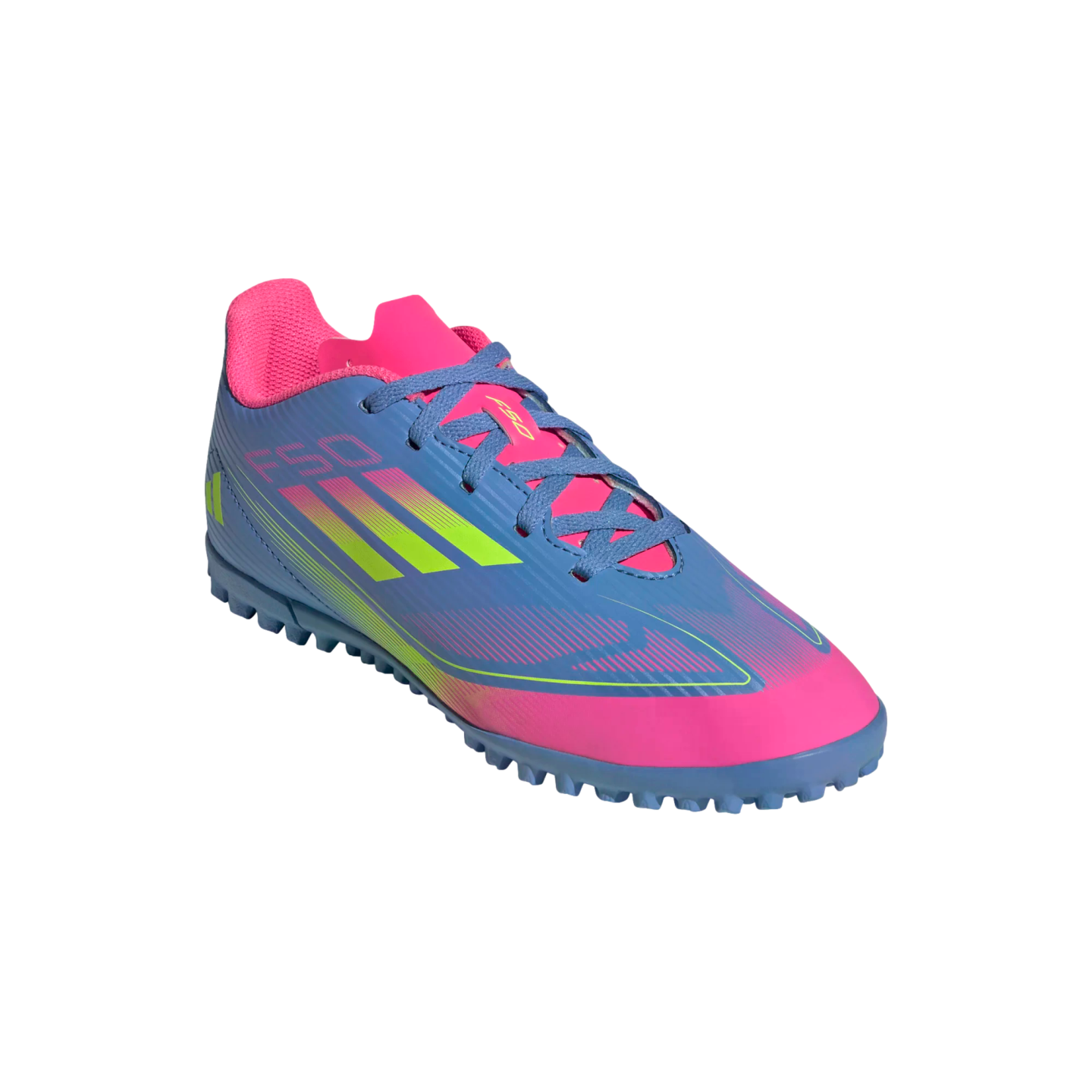 A light blue Adidas F50 turf soccer shoe featuring vibrant pink and neon green accents and a studded rubber outsole.