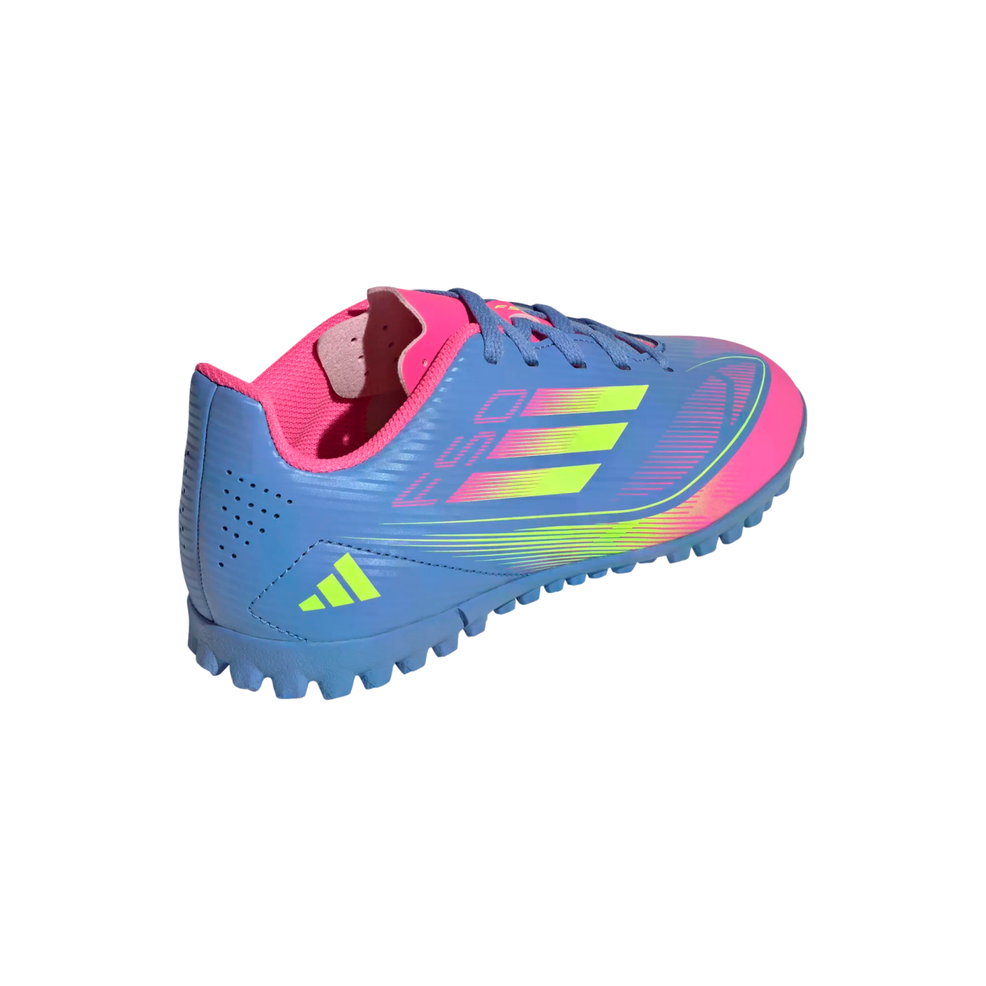 A light blue and pink Adidas F50 turf soccer shoe with neon yellow three-stripe branding and a studded rubber outsole, shown from a side-rear perspective against a black background.