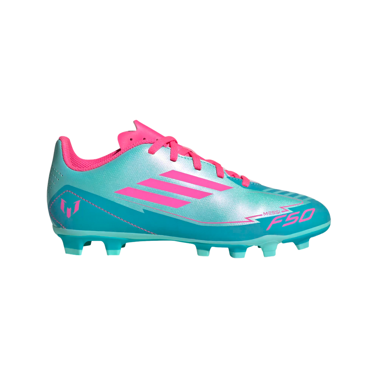 A cyan and bright pink Adidas F50 Messi soccer cleat with three pink stripes and teal studs.