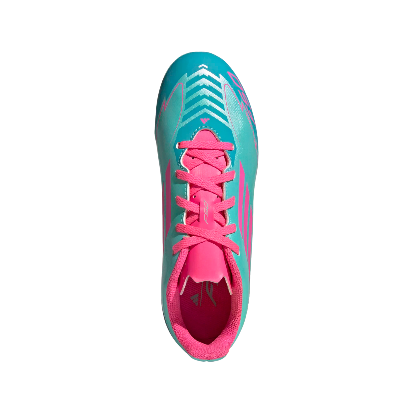 Top-down view of a teal Adidas soccer cleat with bright pink laces and accents. It features silver chevron patterns on the toe and sits on a plain white background.