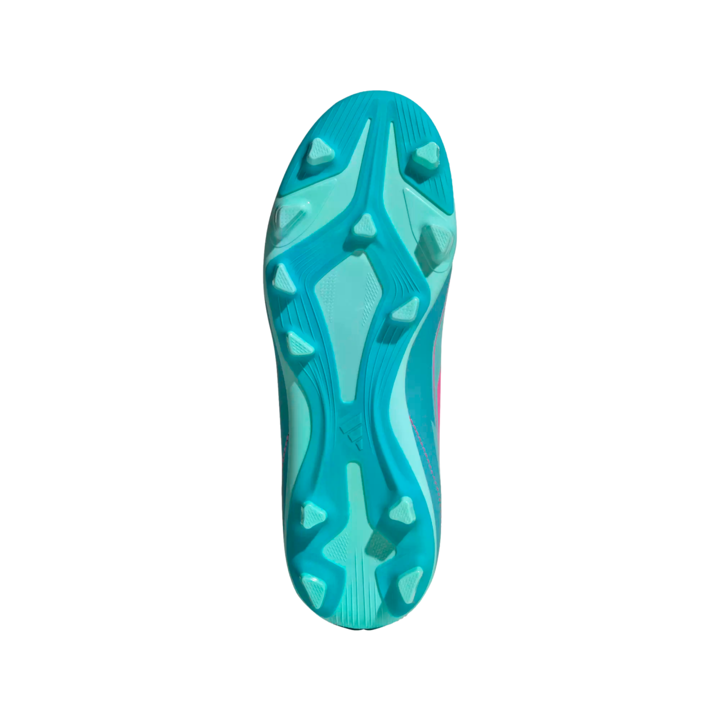 Bottom view of a turquoise blue Adidas soccer cleat with molded studs, isolated on a white background.